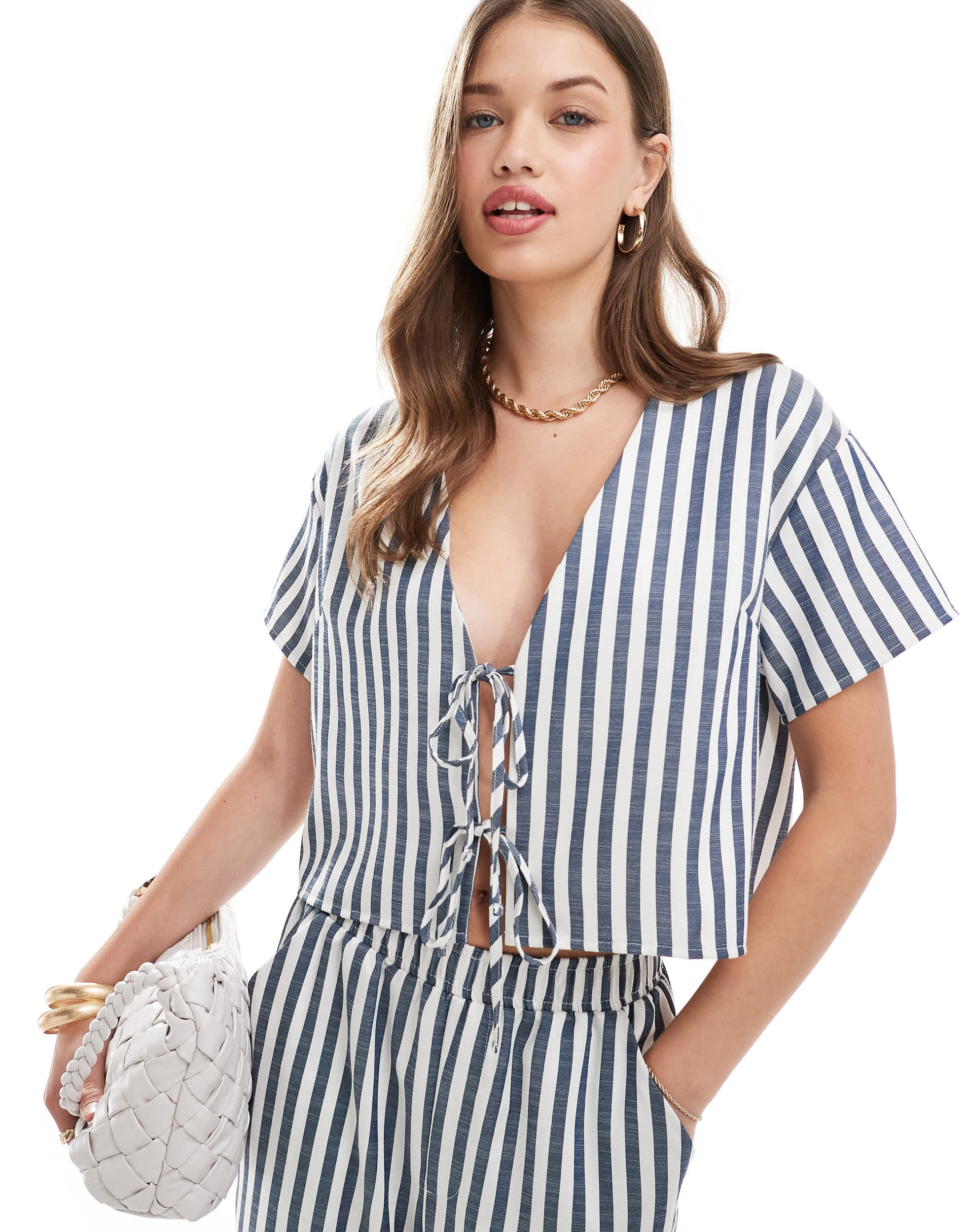 ASOS DESIGN top with tie front in blue stripe co-ord