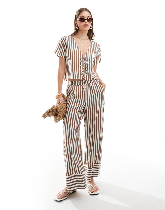 ASOS DESIGN pull on poplin trousers co-ord in brown stripe
