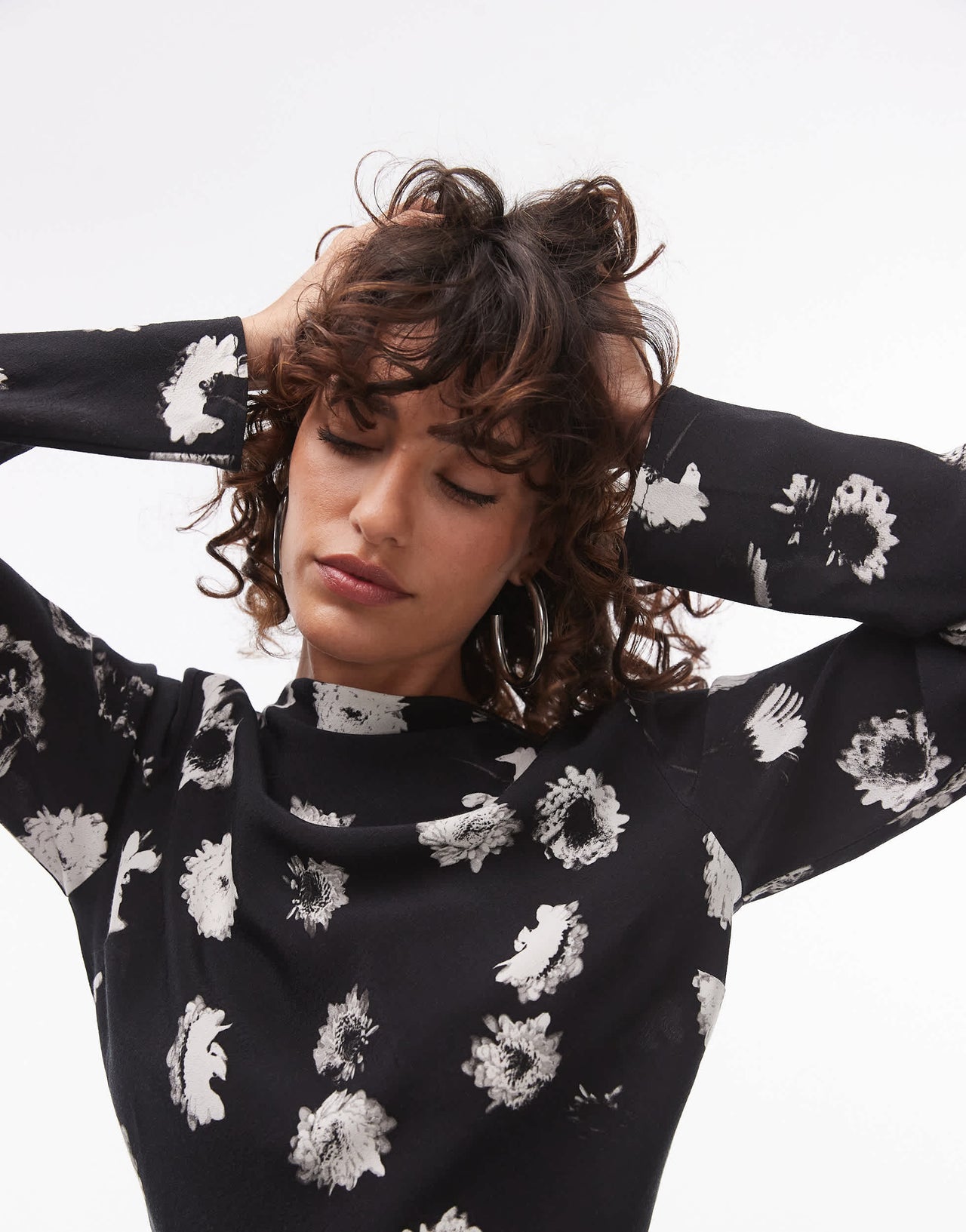Topshop long sleeve slash neck mini dress in mono print