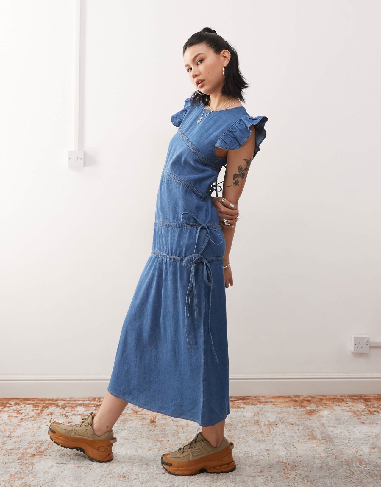 Reclaimed Vintage denim maxi dress with asymmetric ruching