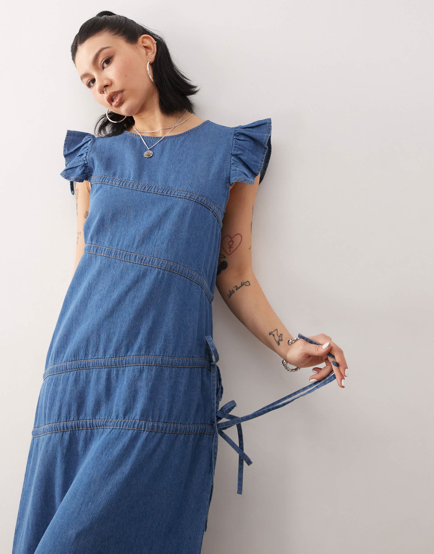 Reclaimed Vintage denim maxi dress with asymmetric ruching