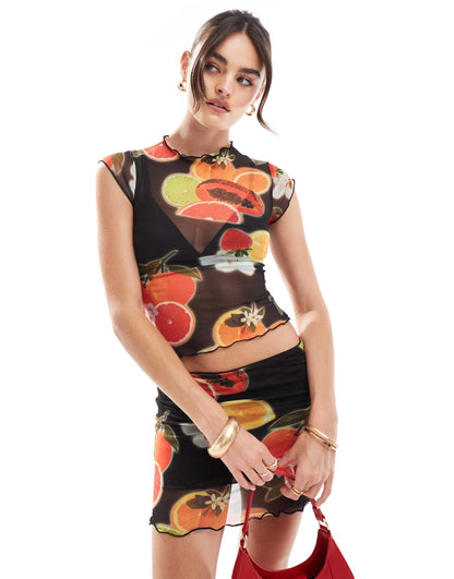 ASOS DESIGN tropical fruit print baby tee co ord in black
