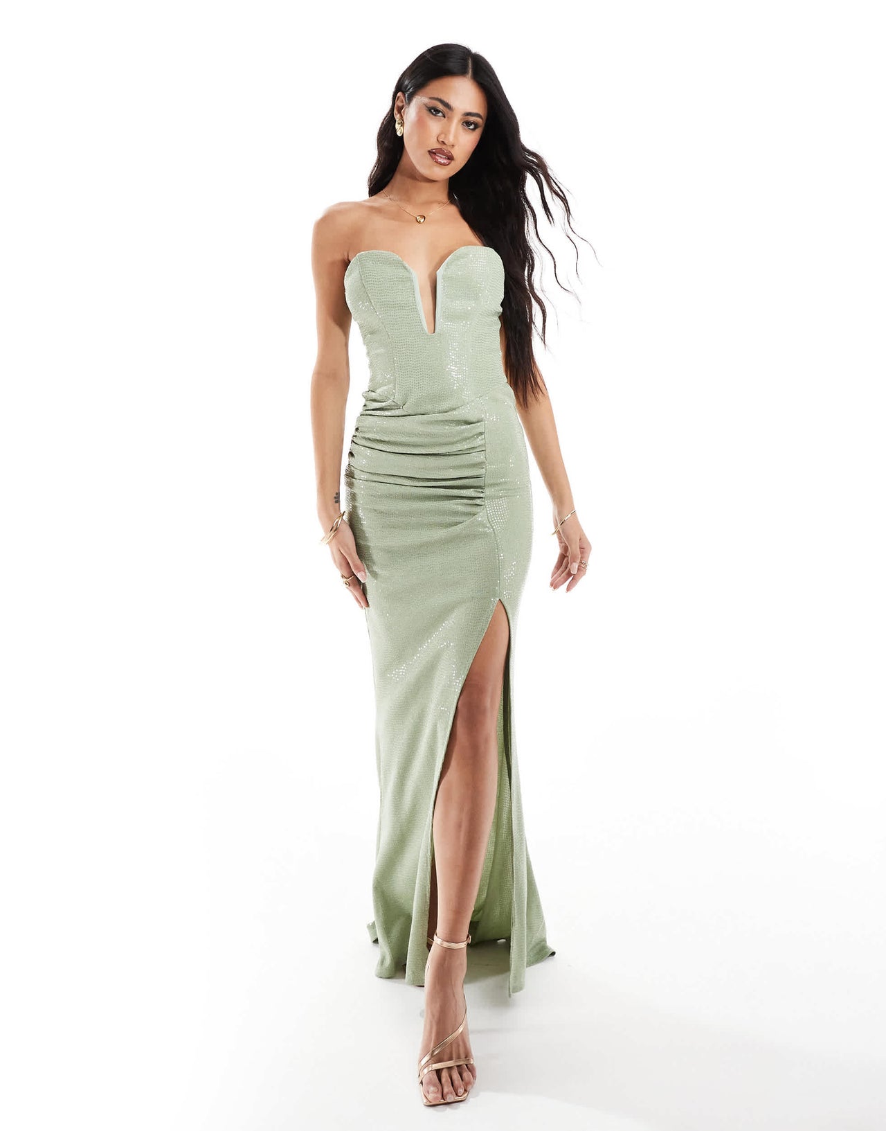 ASOS DESIGN Premium metallic bandeau maxi dress with extreme neckline in green