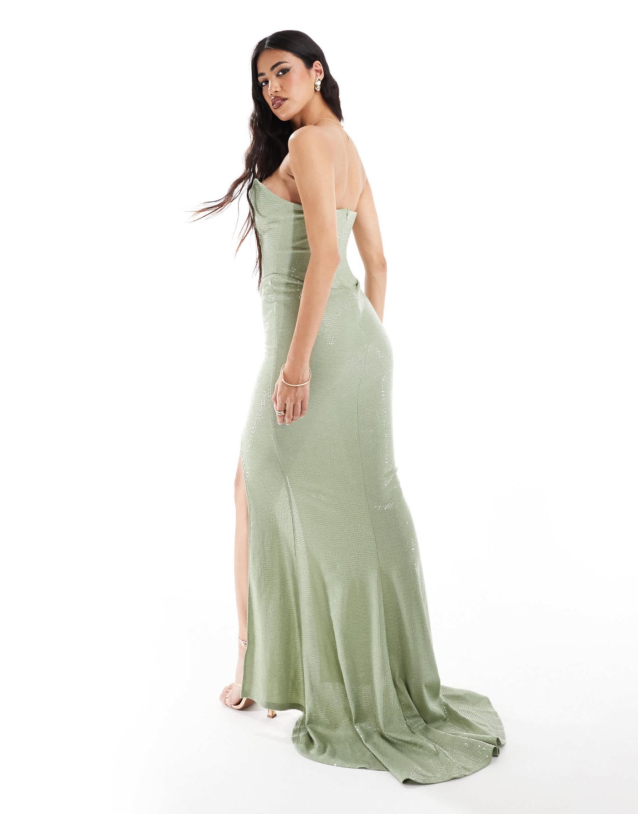 ASOS DESIGN Premium metallic bandeau maxi dress with extreme neckline in green