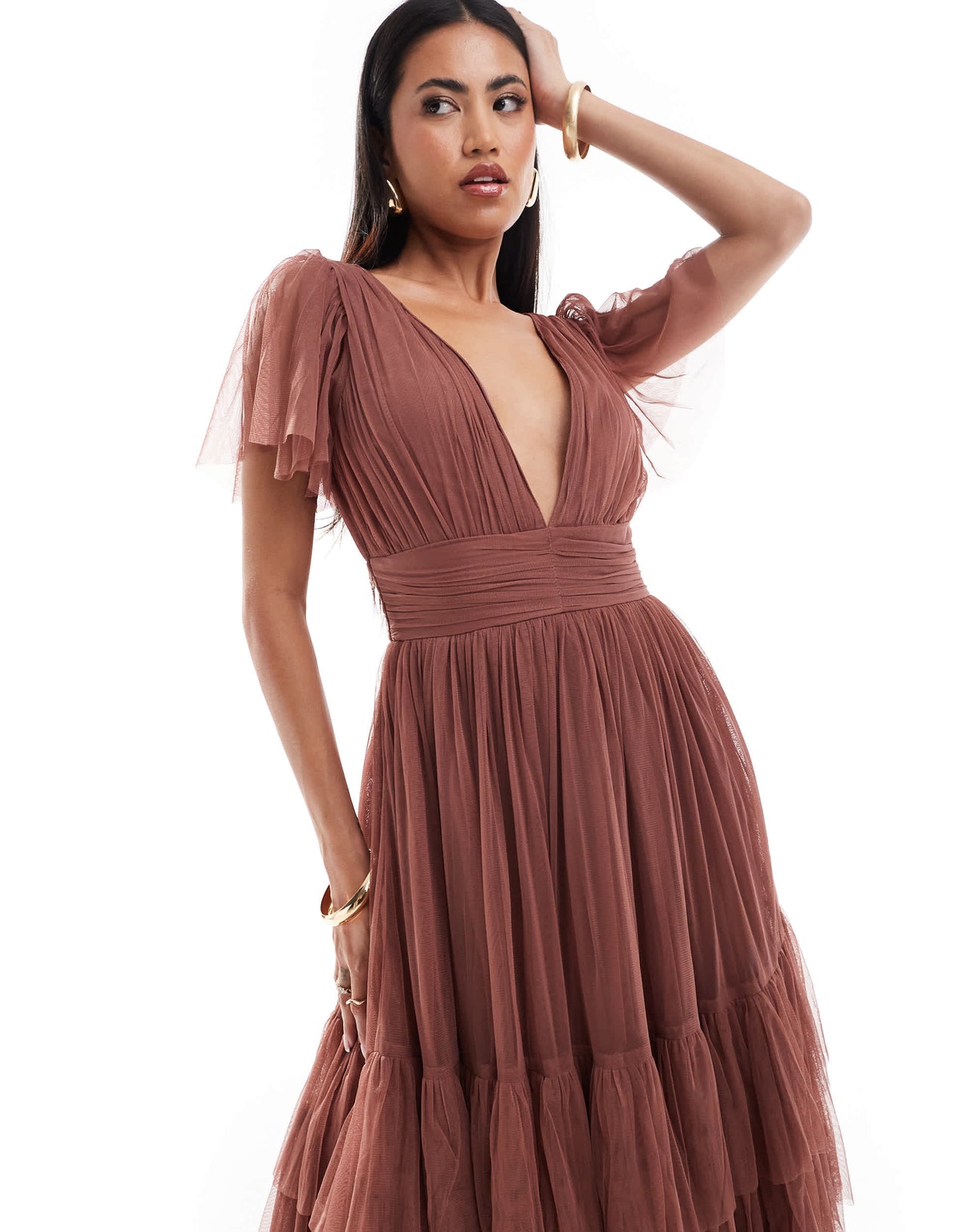 Lace & Beads Madison v neck tulle midi dress in rose brown