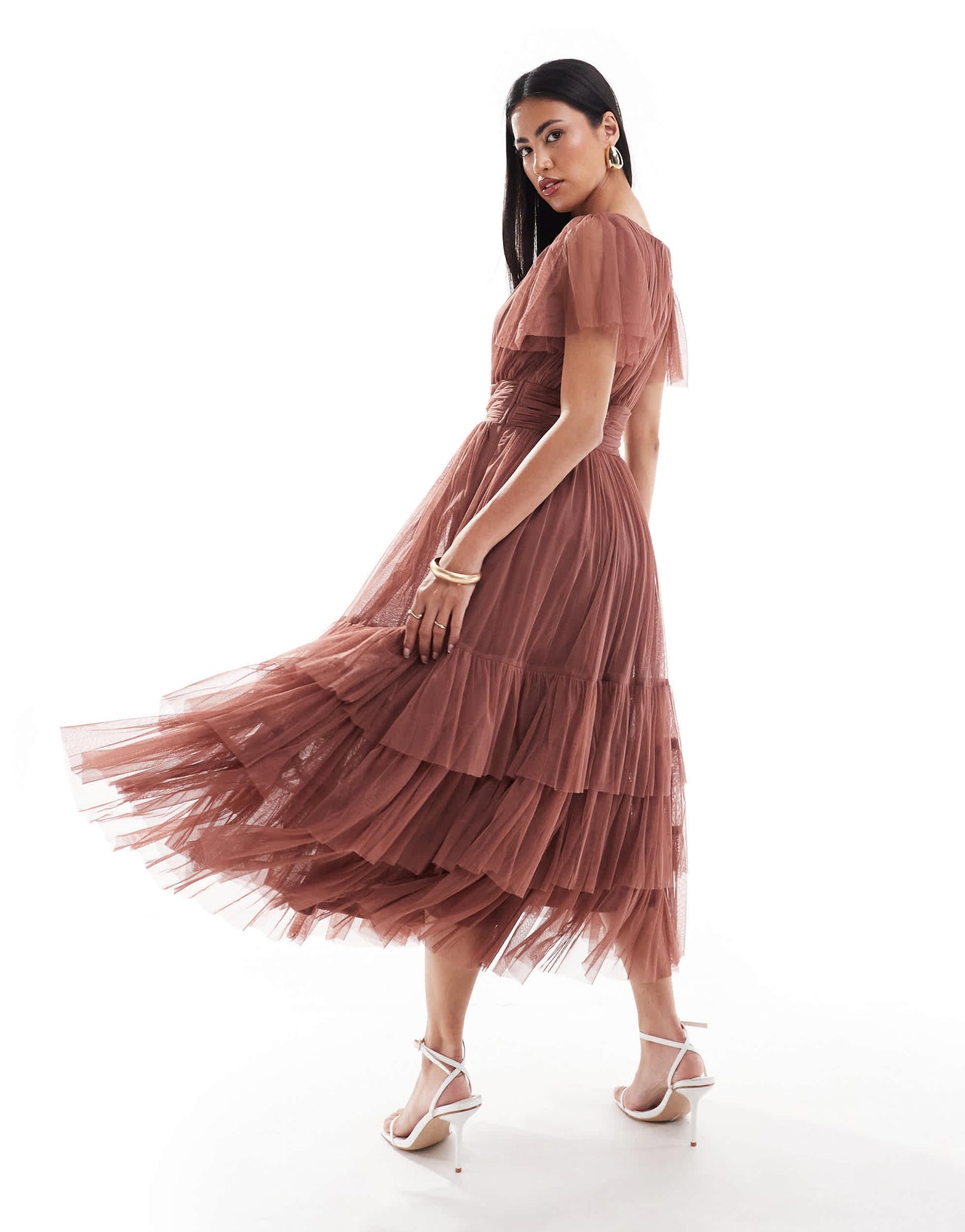 Lace & Beads Madison v neck tulle midi dress in rose brown