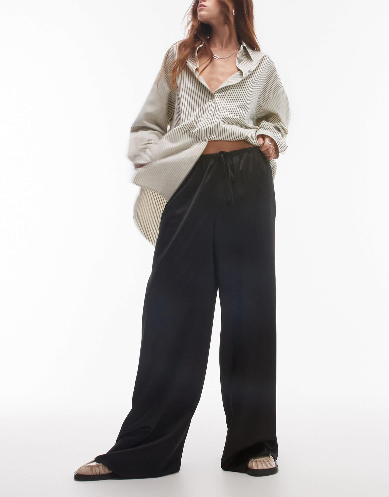 Topshop satin drawcord trouser in black