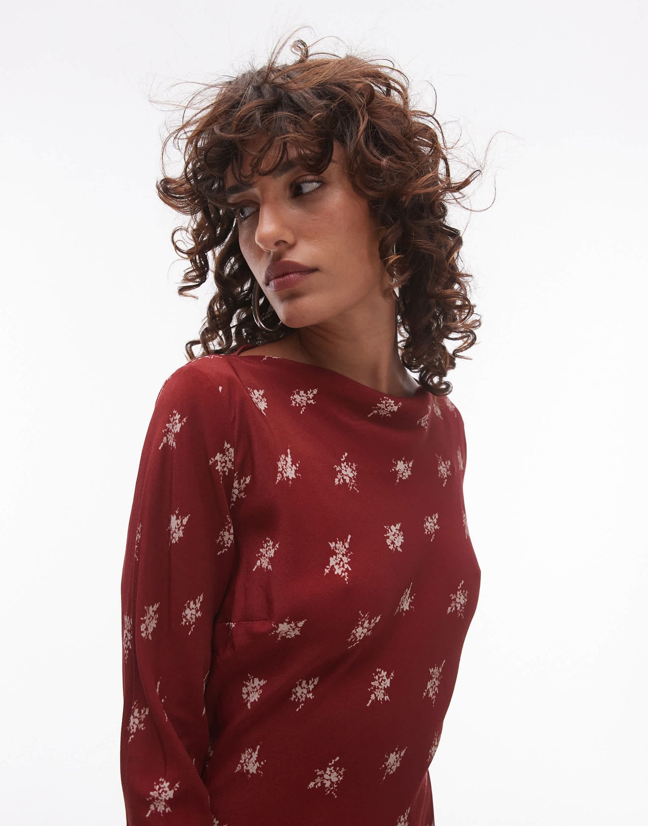Topshop long sleeve slash neck mini dress in rust floral
