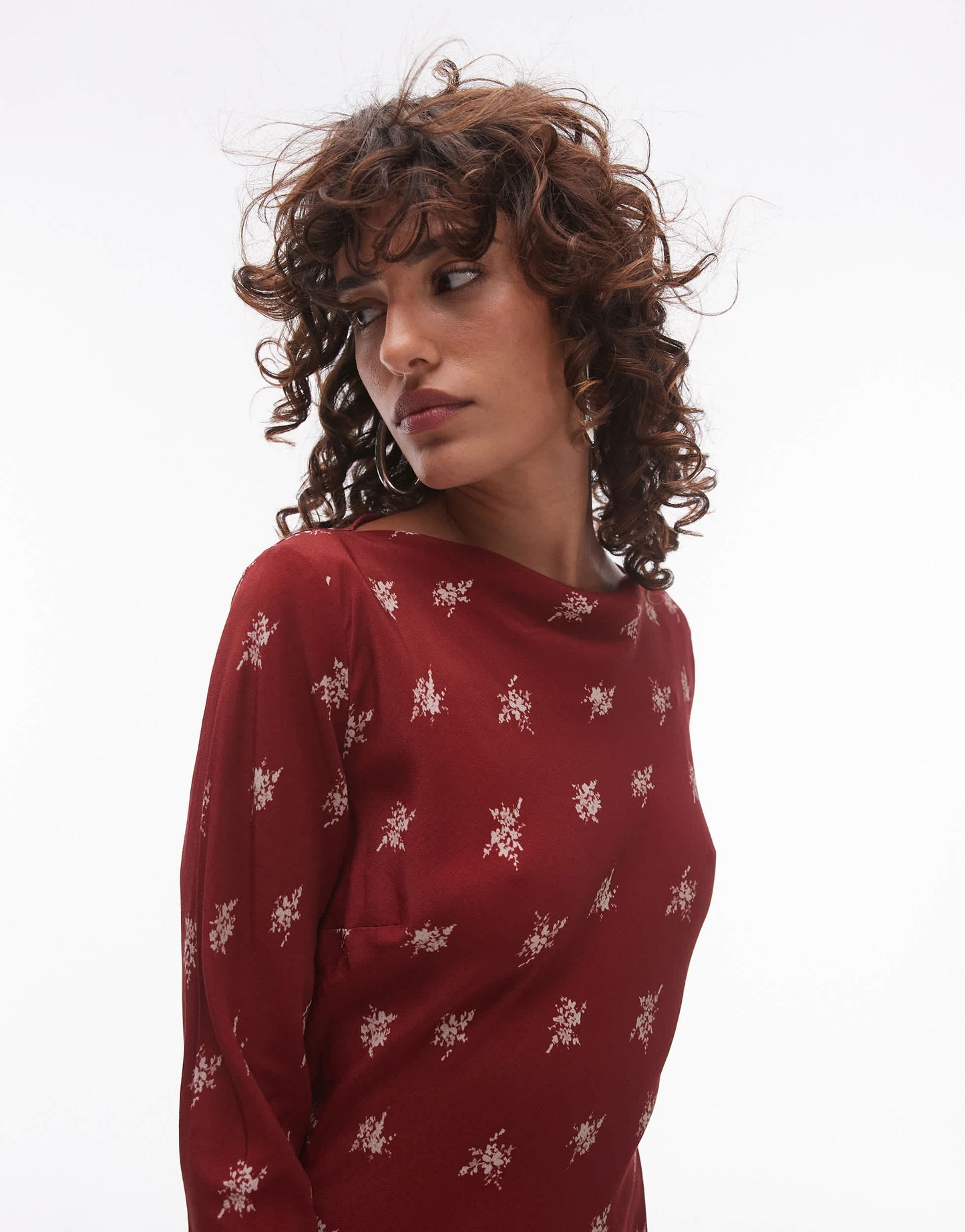 Topshop long sleeve slash neck mini dress in rust floral