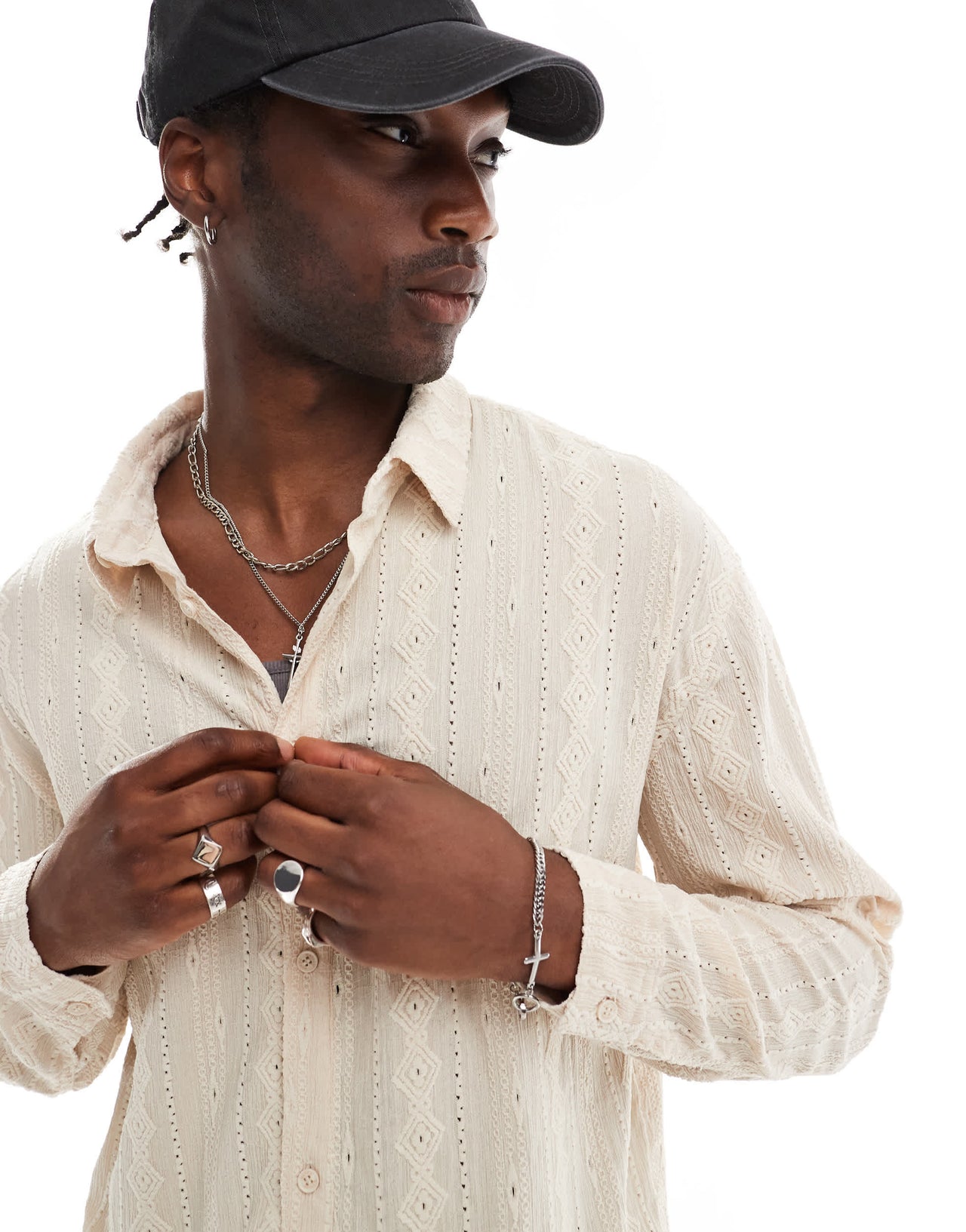 Native Youth jacquard diamond stripe shirt in cream