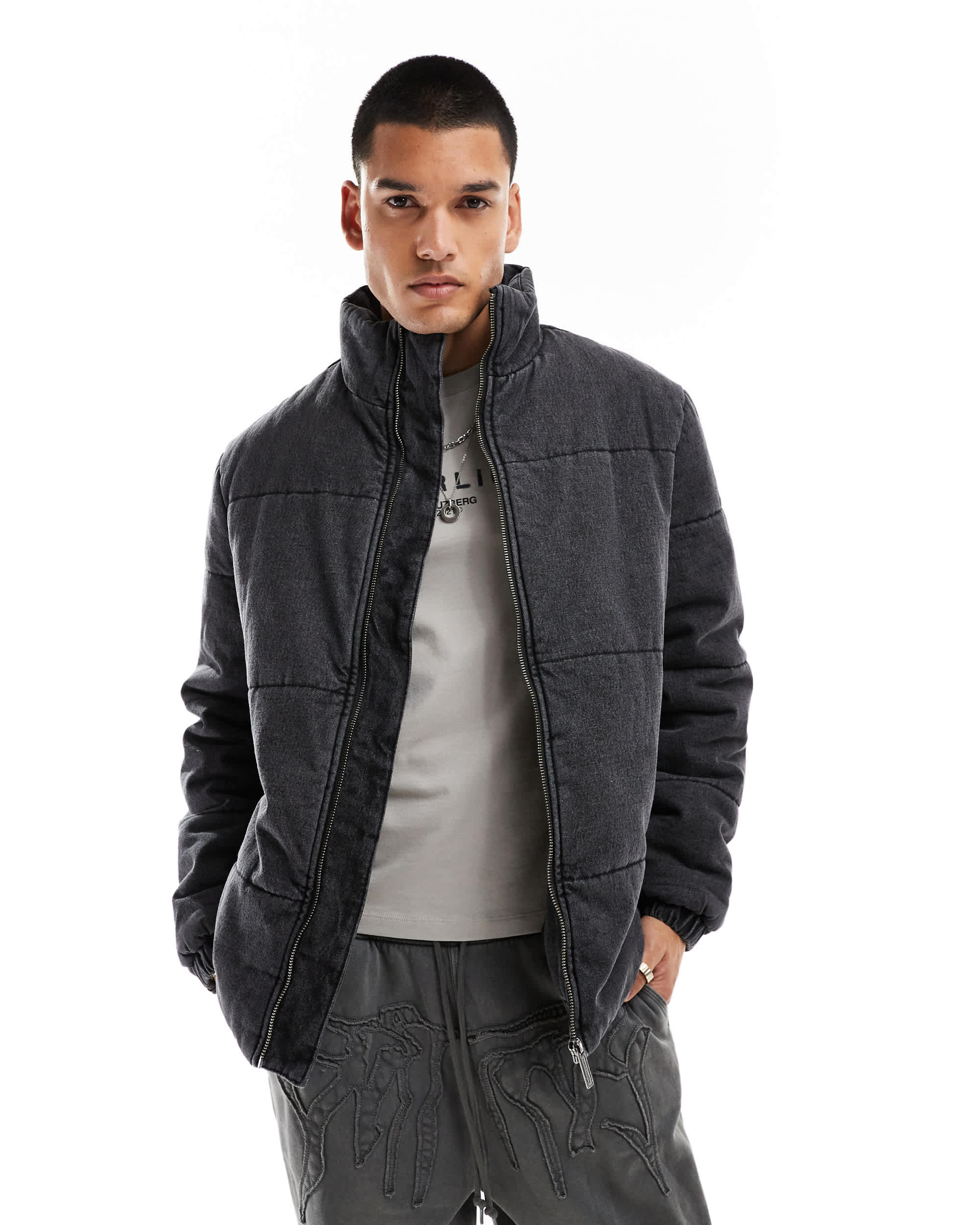Native Youth stone washed denim puffer jacket in black