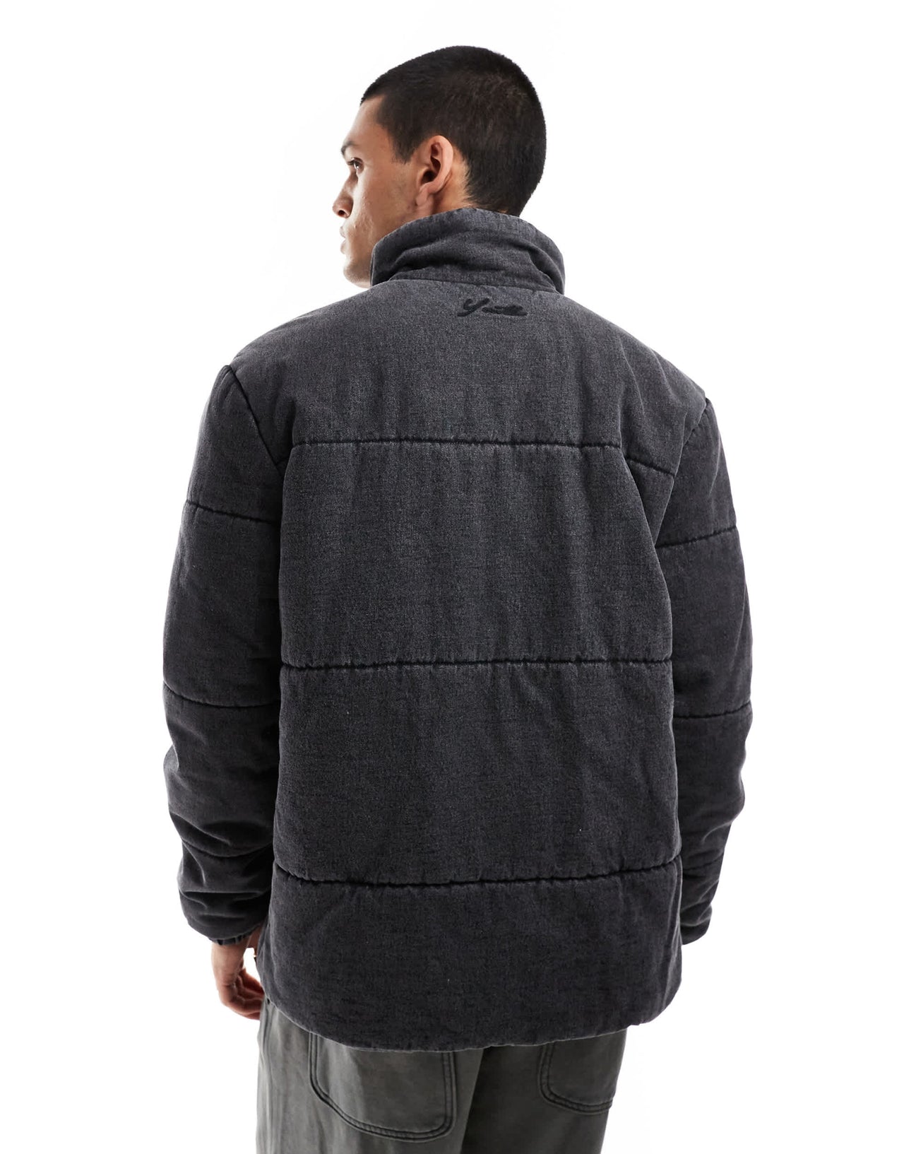 Native Youth stone washed denim puffer jacket in black