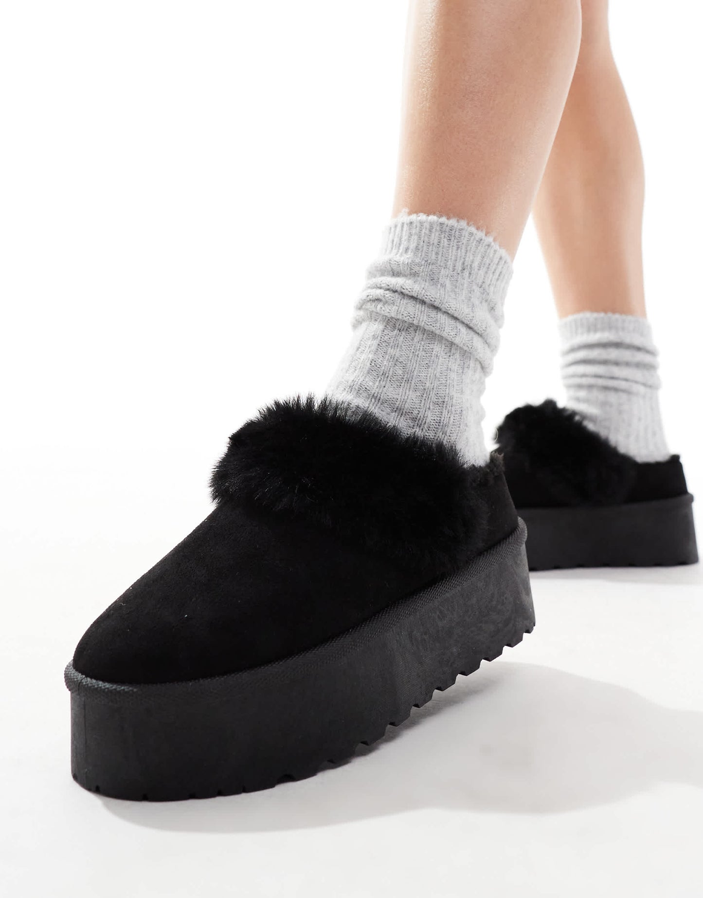 SEQWL faux fur flatform mules in black