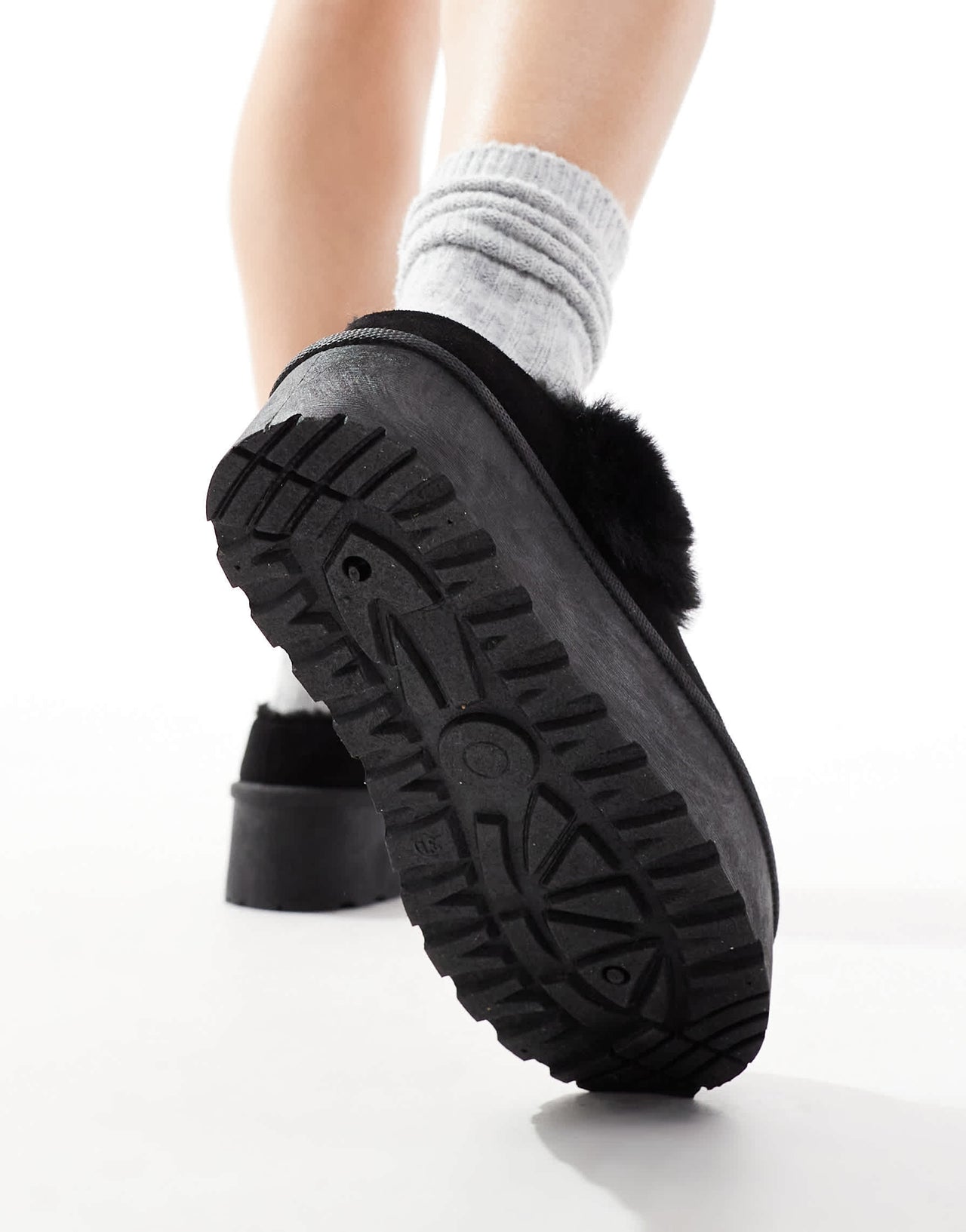 SEQWL faux fur flatform mules in black