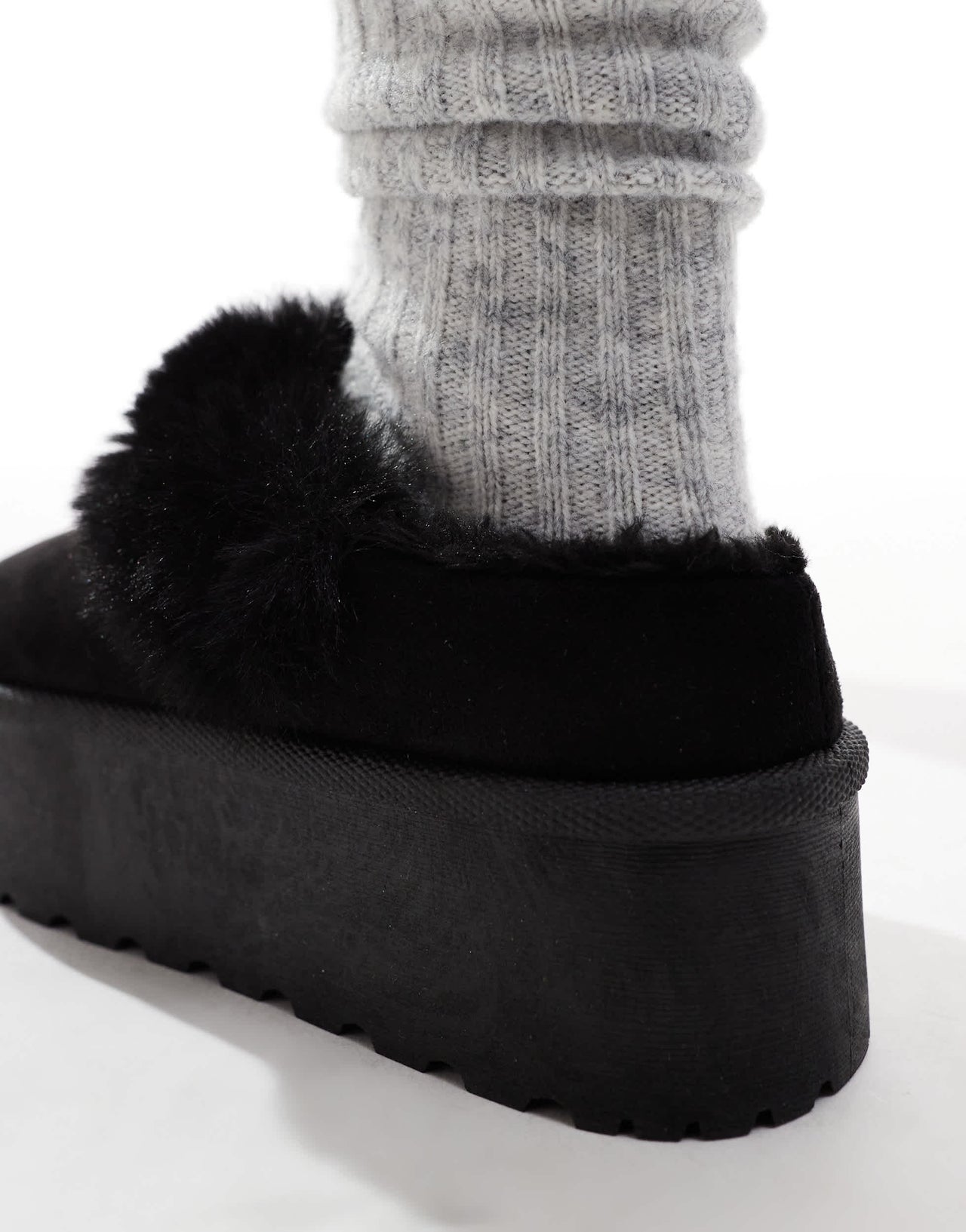 SEQWL faux fur flatform mules in black