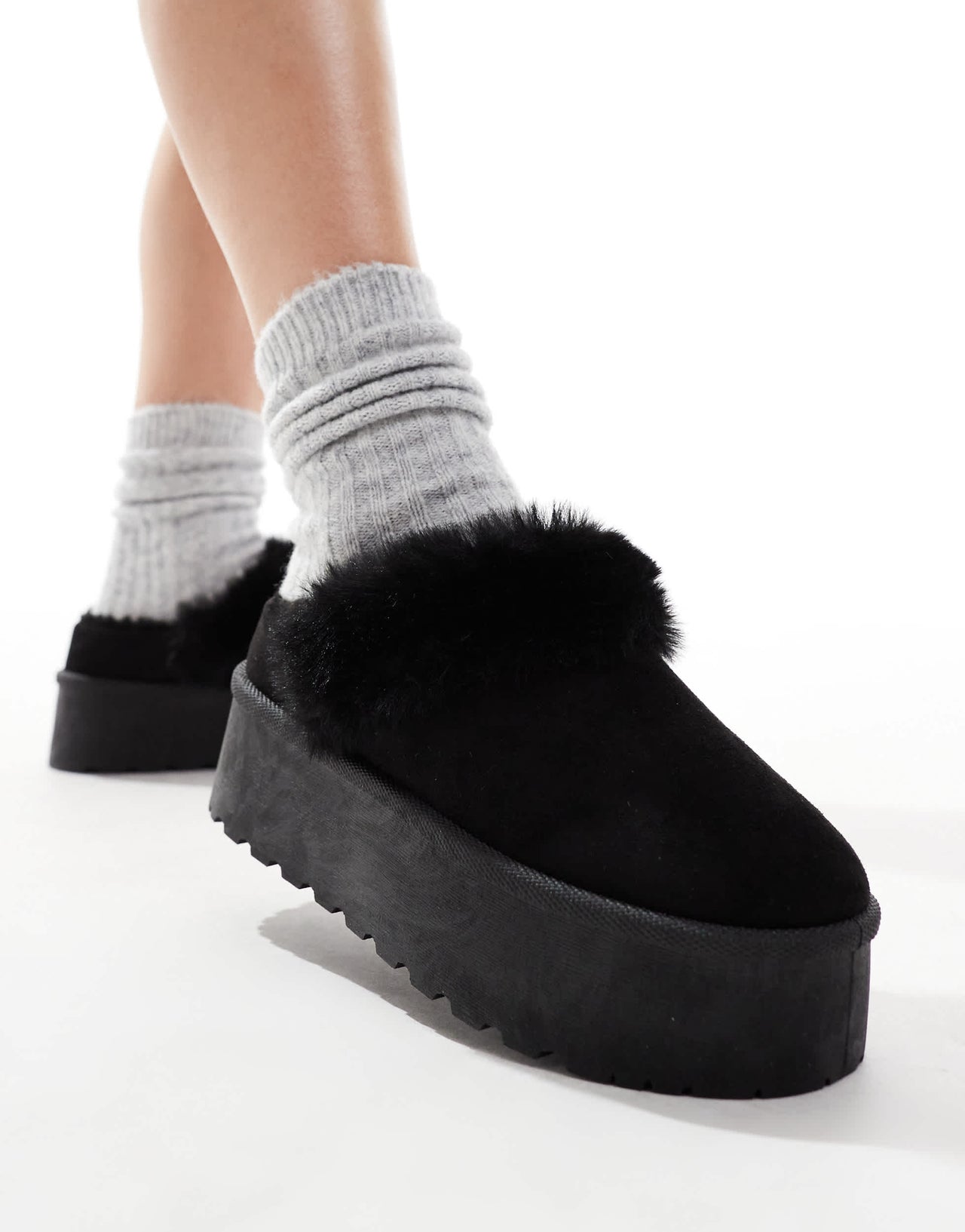 SEQWL faux fur flatform mules in black