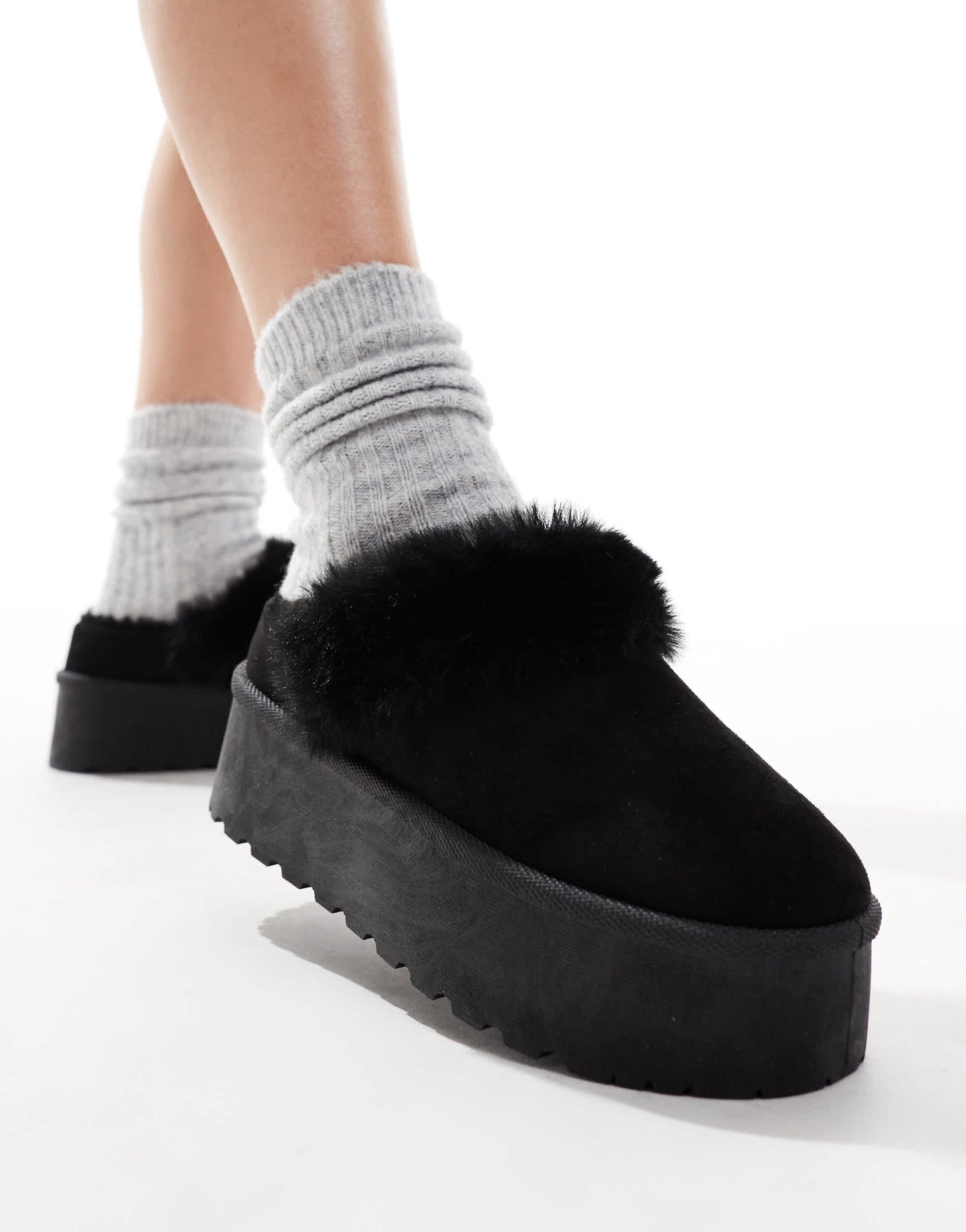 SEQWL faux fur flatform mules in black