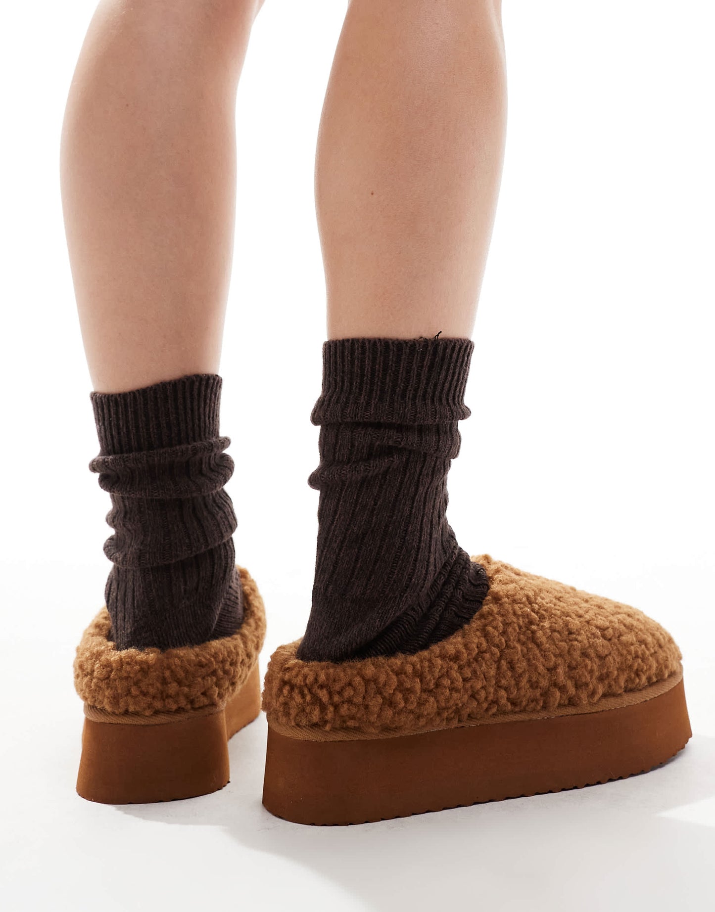 SEQWL fluffy teddy flatform mules in brown