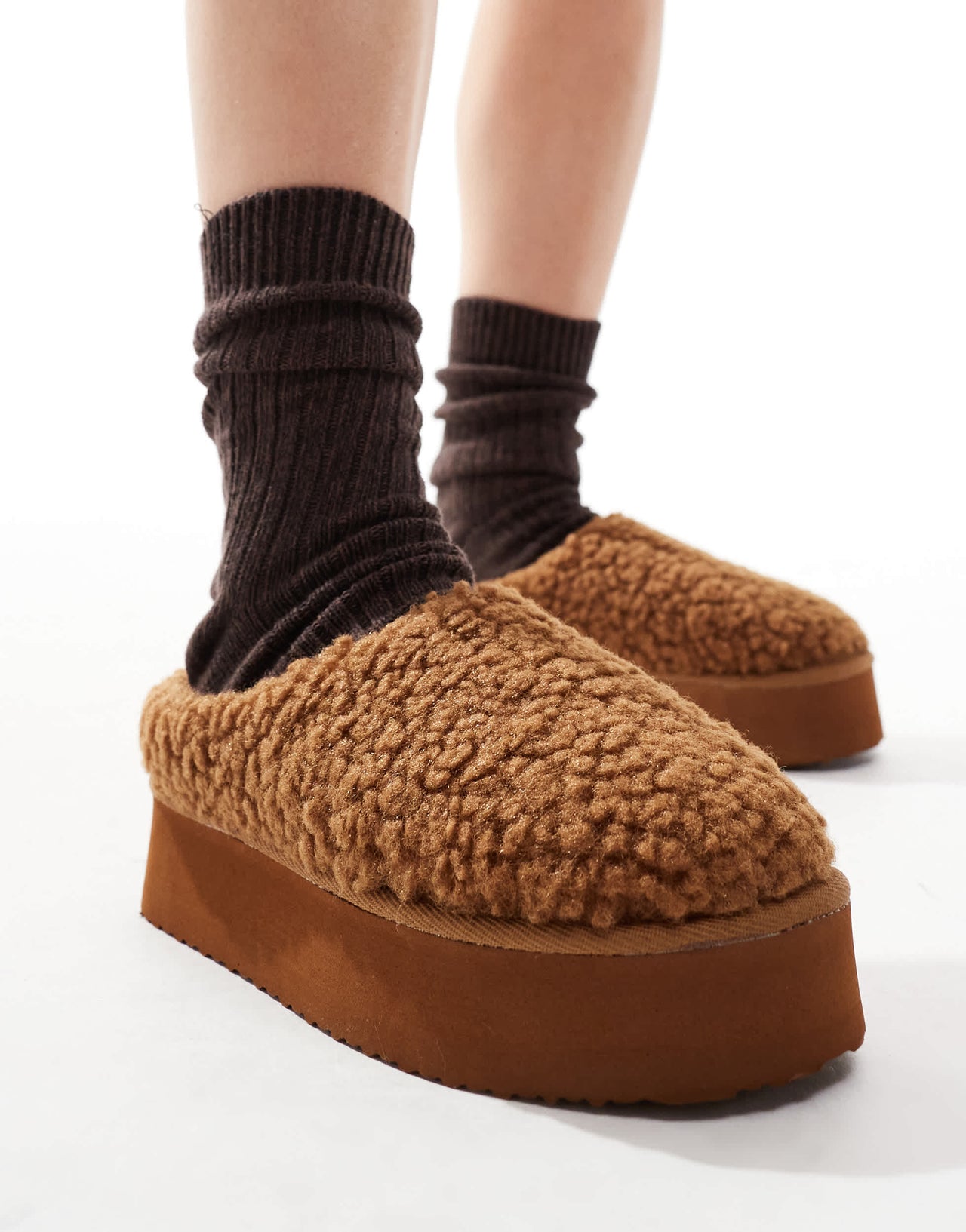 SEQWL fluffy teddy flatform mules in brown