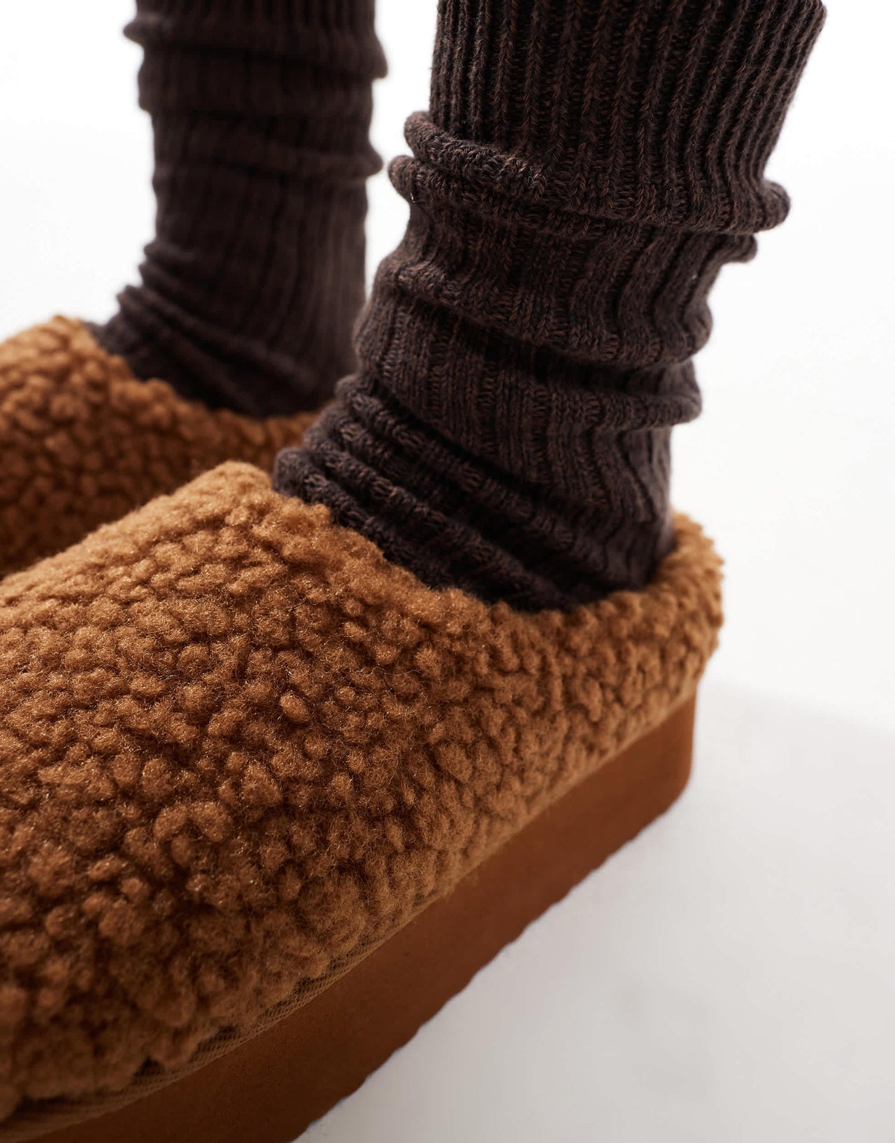 SEQWL fluffy teddy flatform mules in brown