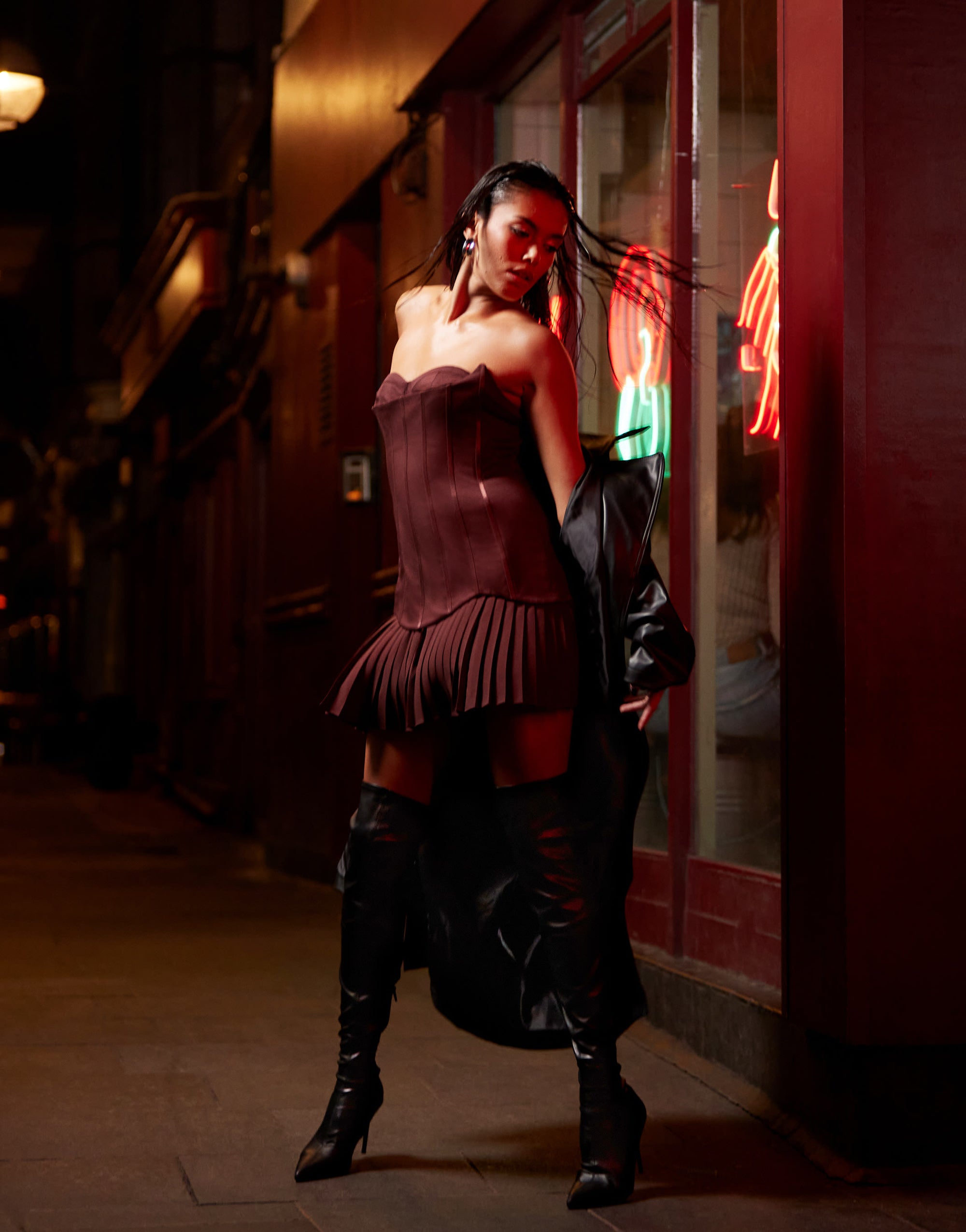 ASOS DESIGN structured corset mini dress with pleated hem in burgandy