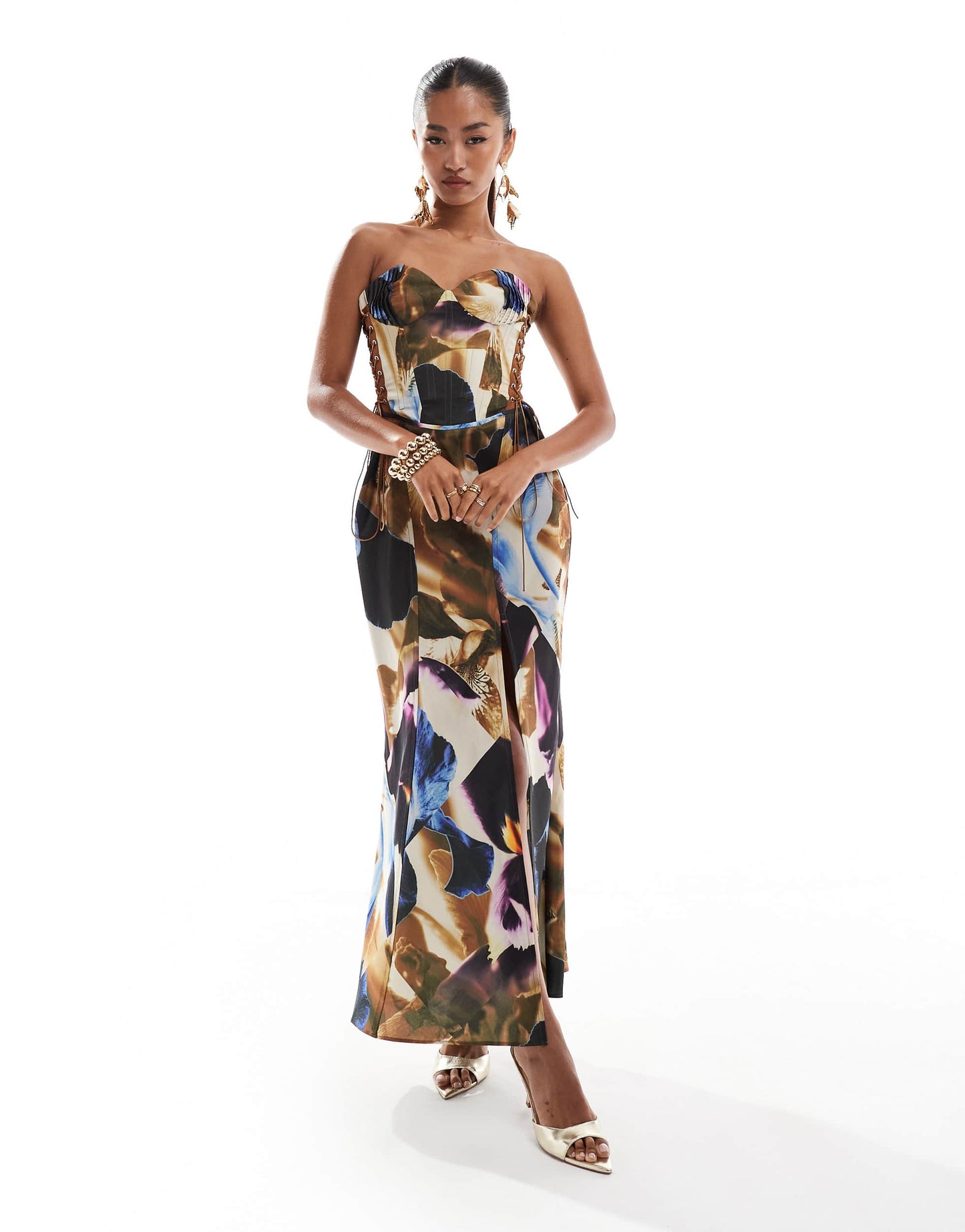 ASOS DESIGN corset detail lace up satin midi dress with full skirt in overblown abstract floral print