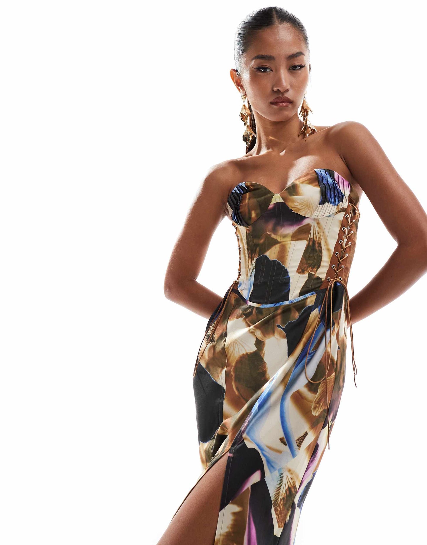 ASOS DESIGN corset detail lace up satin midi dress with full skirt in overblown abstract floral print
