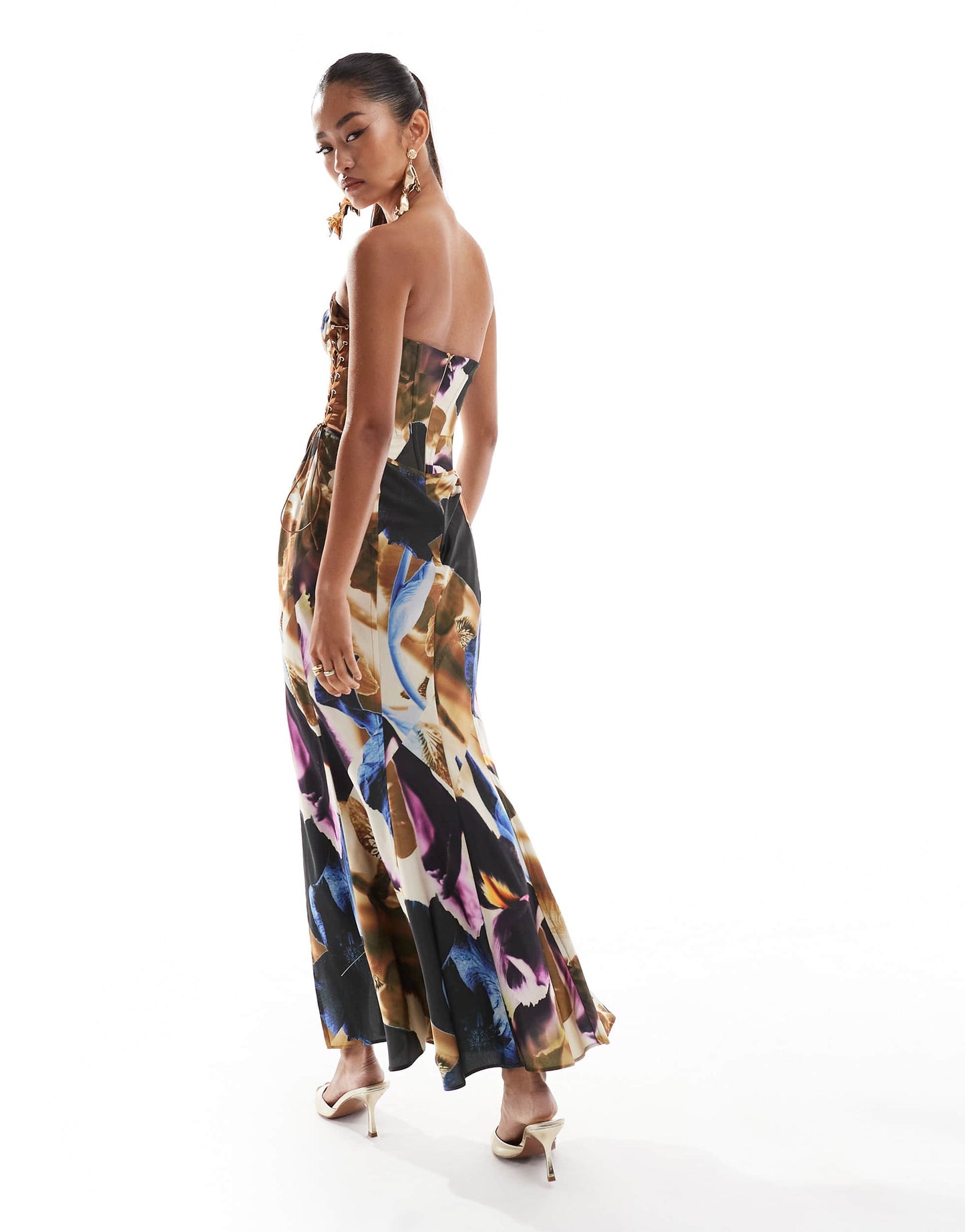 ASOS DESIGN corset detail lace up satin midi dress with full skirt in overblown abstract floral print