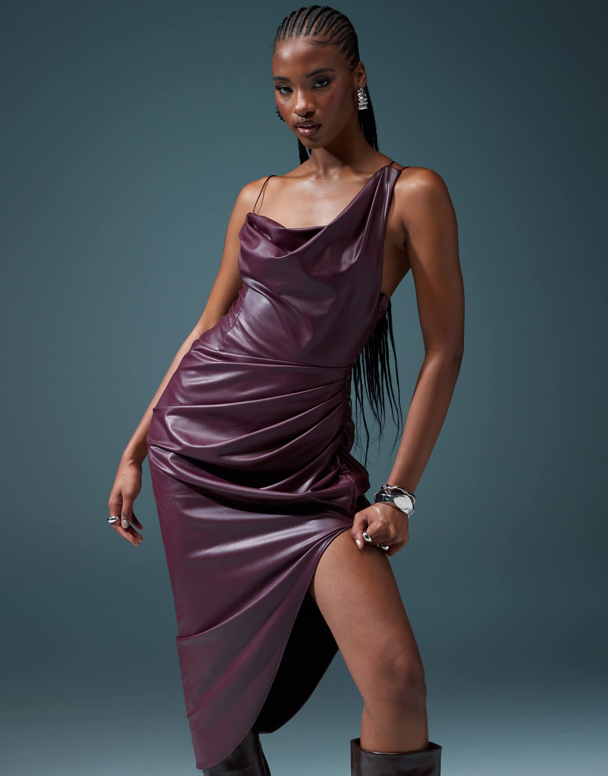 ASOS DESIGN draped one shoulder PU cami wrap midi dress in burgundy