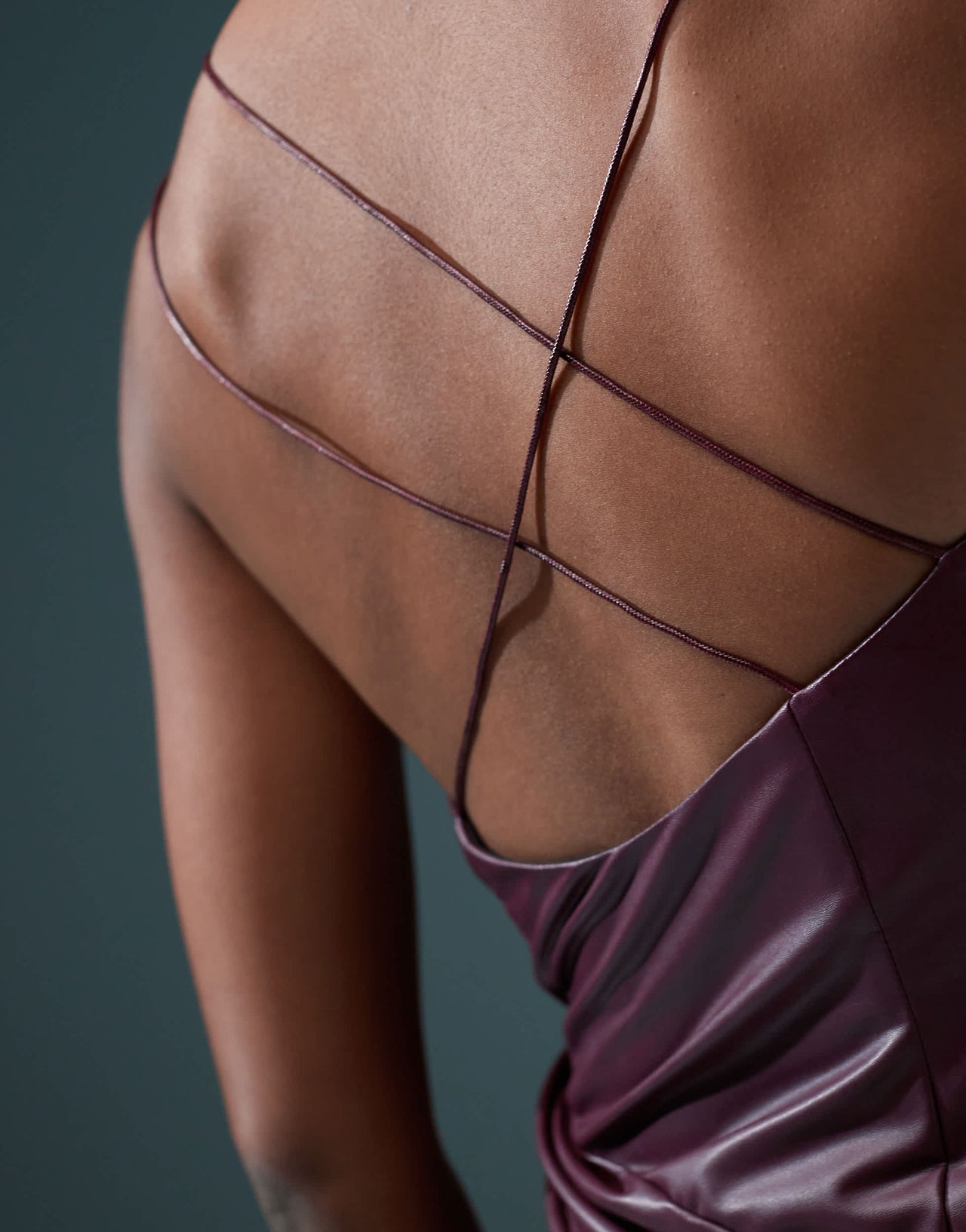 ASOS DESIGN draped one shoulder PU cami wrap midi dress in burgundy