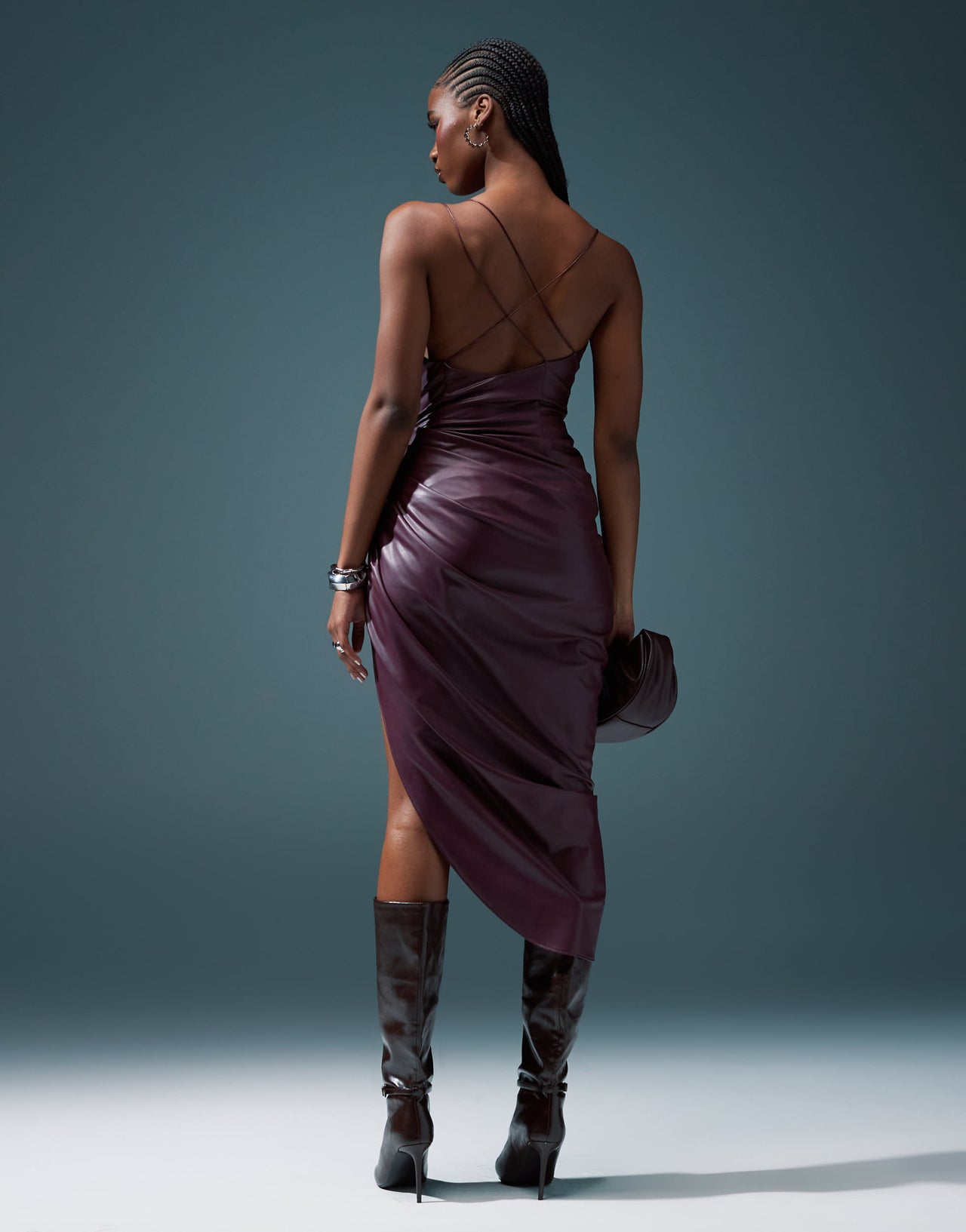 ASOS DESIGN draped one shoulder PU cami wrap midi dress in burgundy