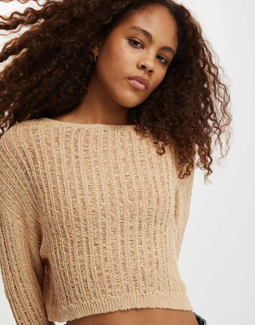 Cotton:On Ladder knit crop pullover in sandstone