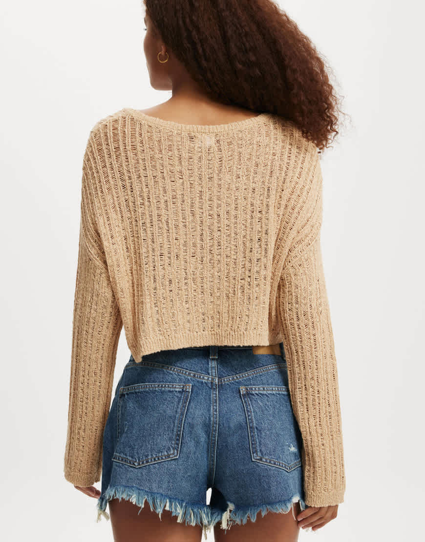 Cotton:On Ladder knit crop pullover in sandstone