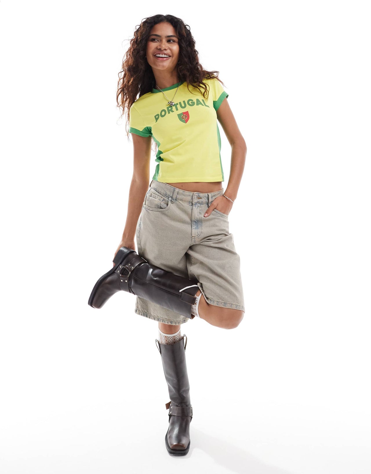 ASOS DESIGN baby tee with portugal football graphic in yellow and green