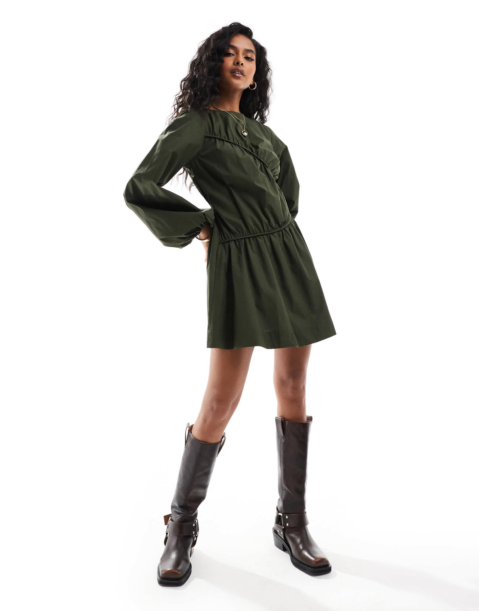 ASOS DESIGN asymmetric seamed ruched mini dress in forest green