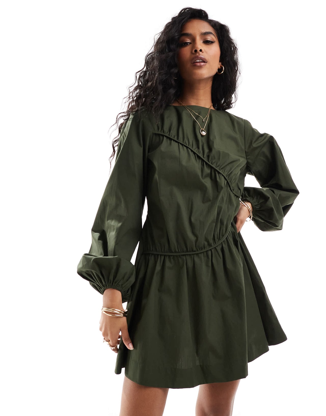 ASOS DESIGN asymmetric seamed ruched mini dress in forest green