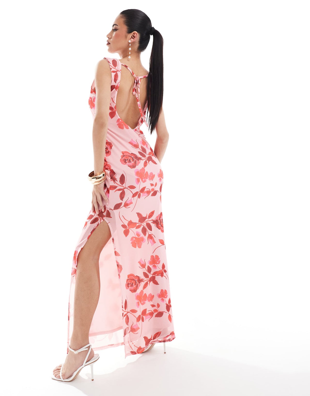ASOS DESIGN sleeveless maxi dress with low back in pink and red rose print