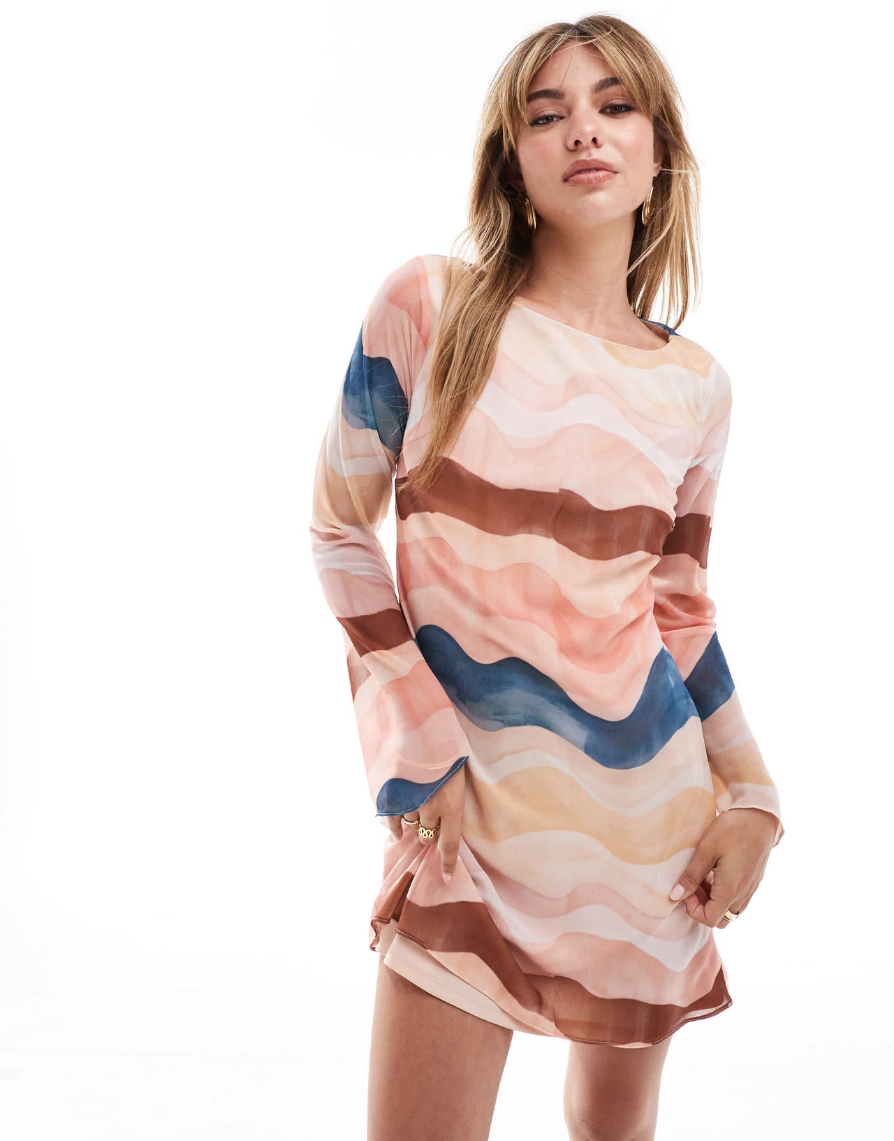 New Look wavy chiffon long sleeve midi dress in multi colour
