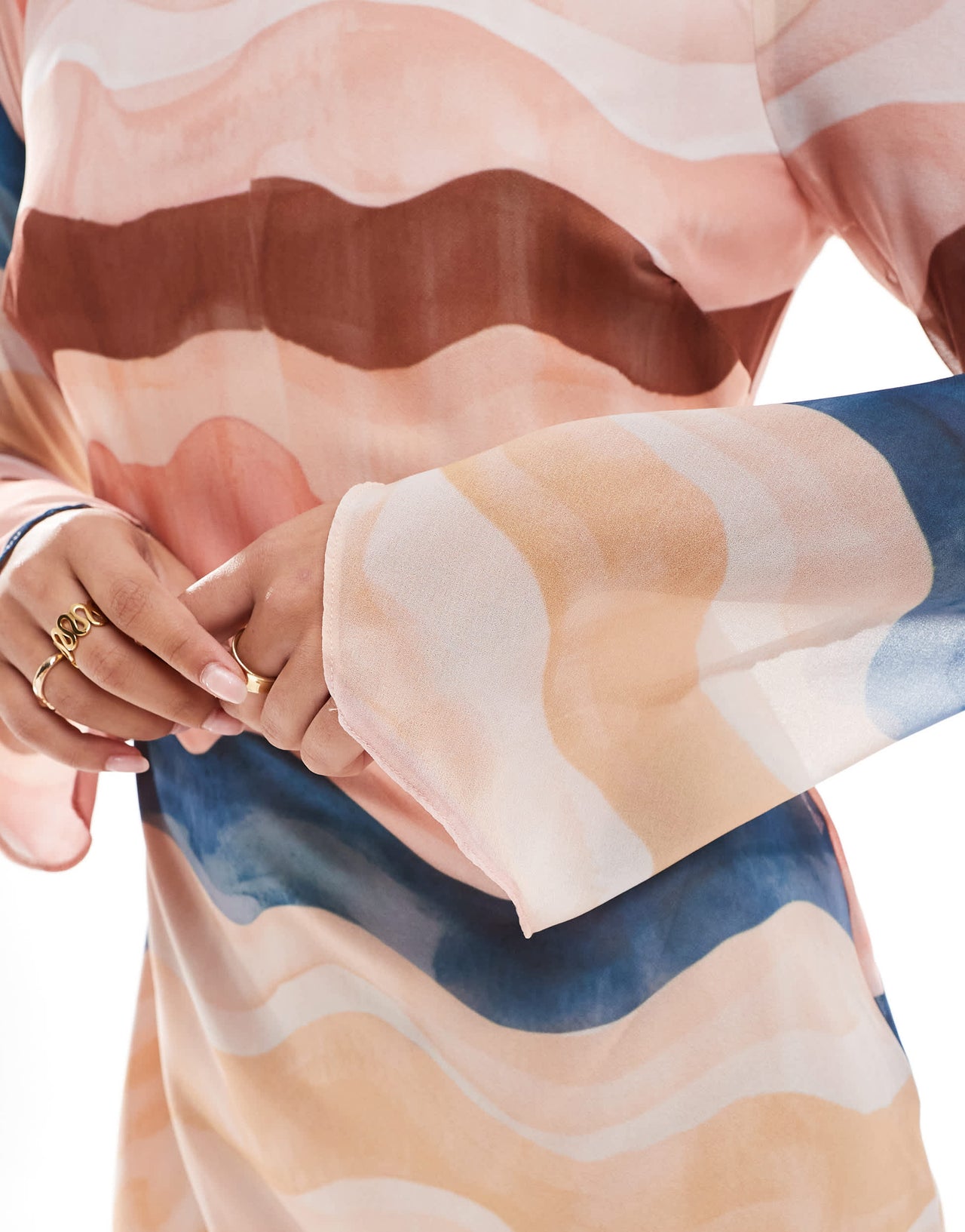 New Look wavy chiffon long sleeve midi dress in multi colour