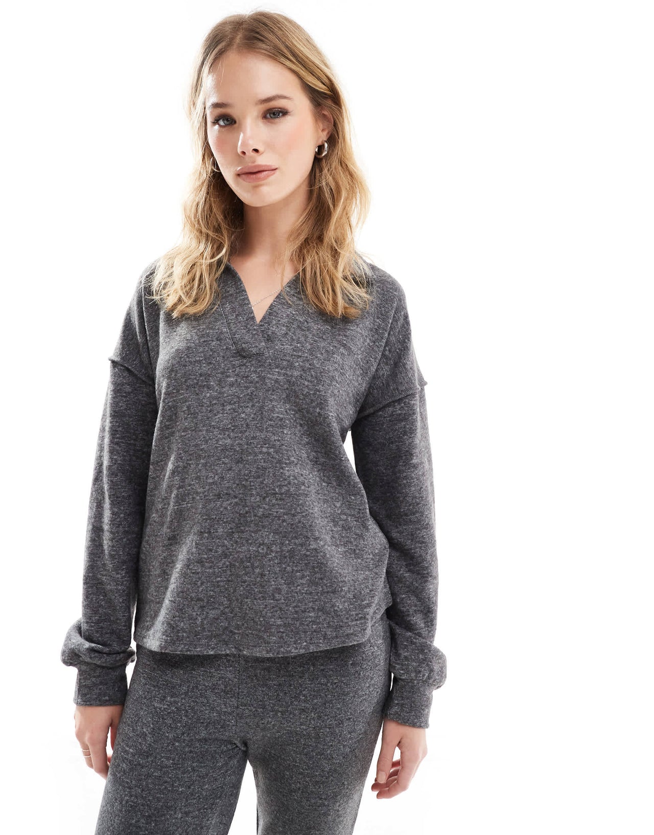 Vero Moda supersoft polo top co-ord in dark grey melange