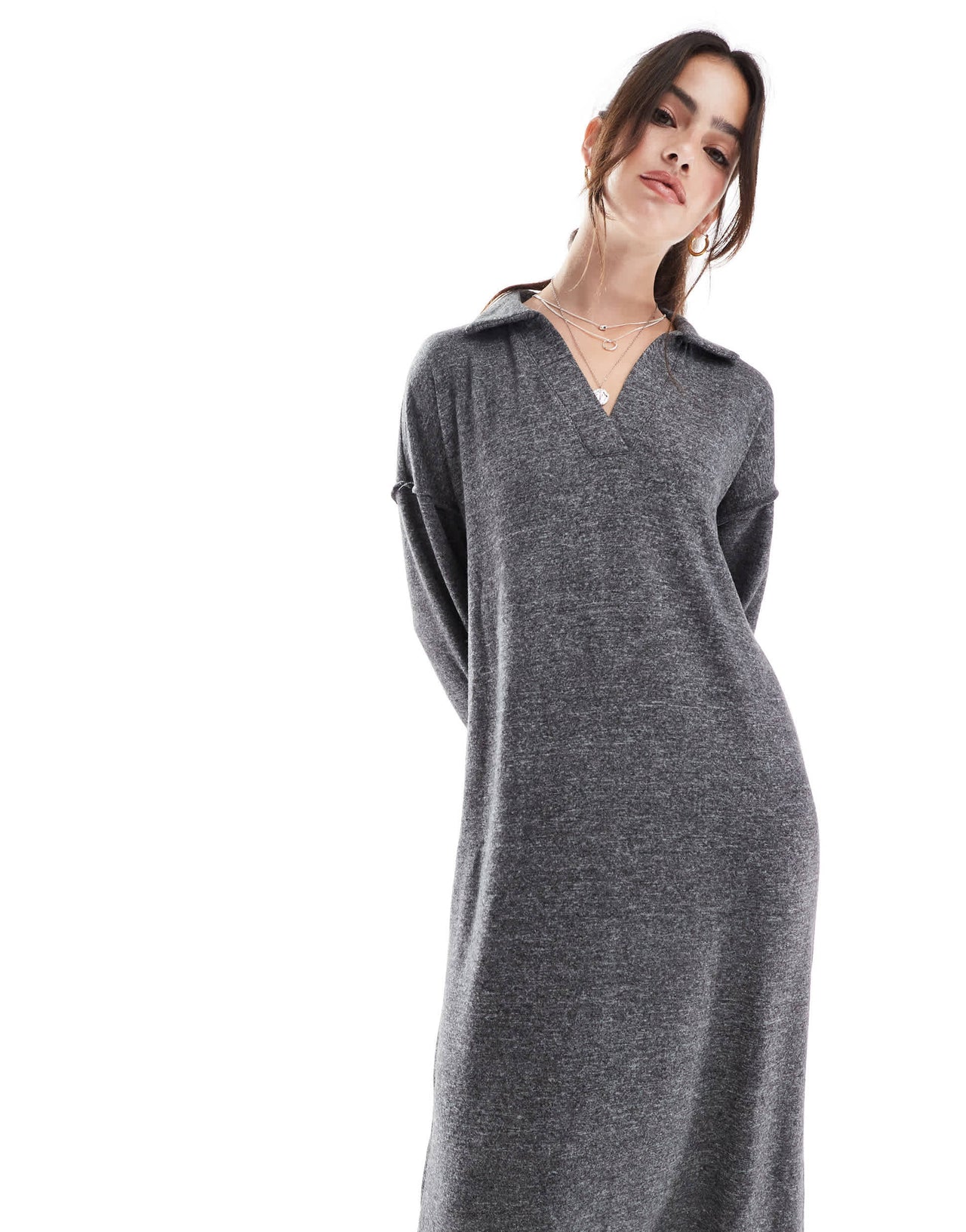 Vero Moda supersoft polo neck ankle dress in dark grey melange