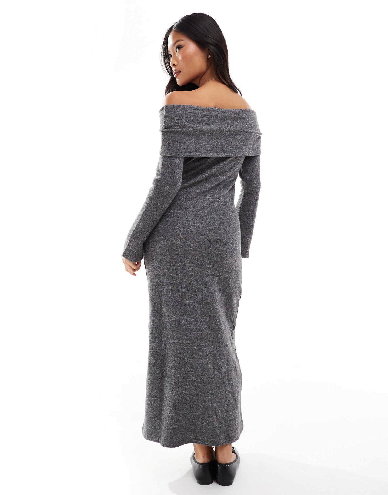 Vero Moda Petite supersoft off shoulder ankle dress in dark grey melange