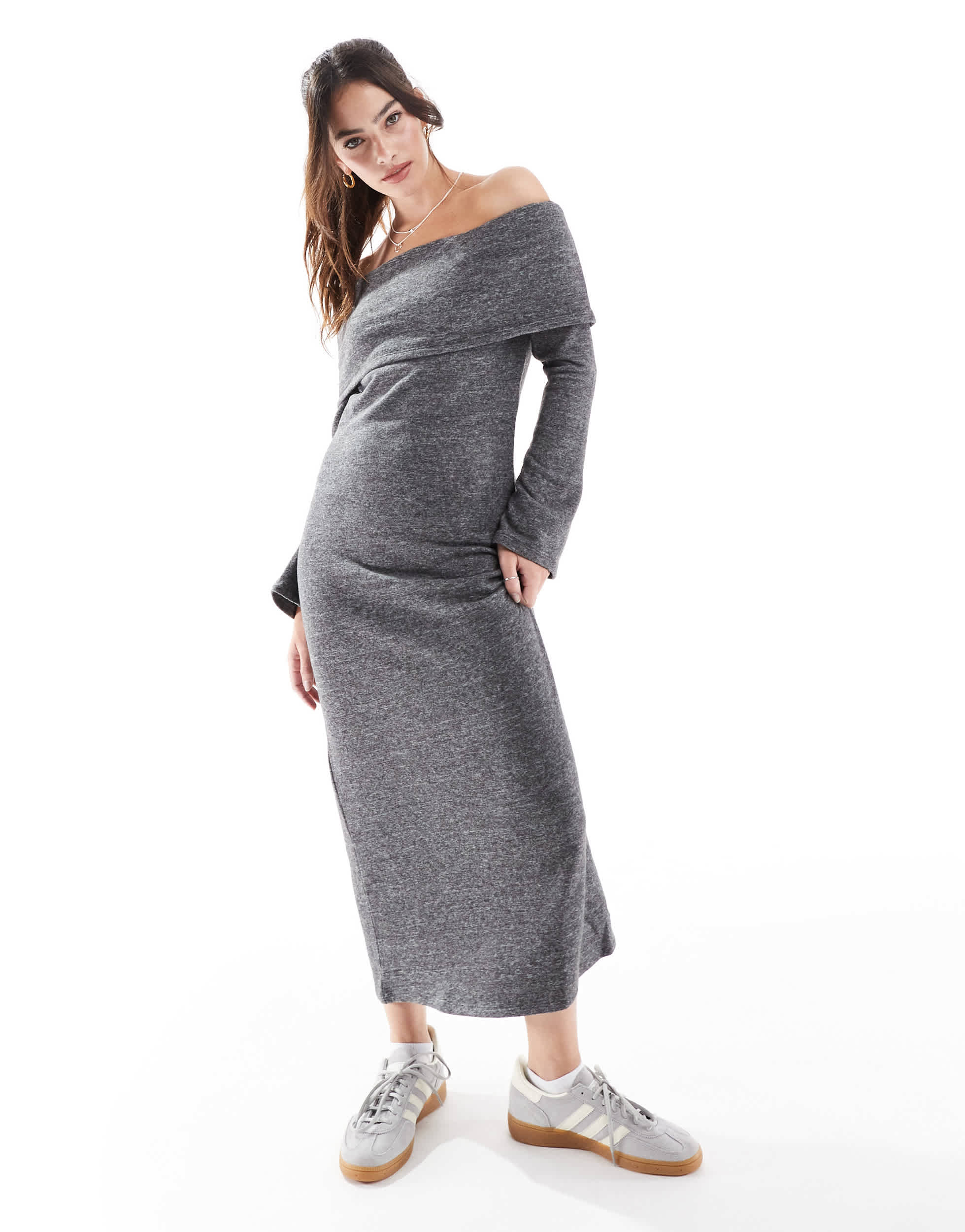 Vero Moda supersoft off shoulder ankle dress in dark grey melange