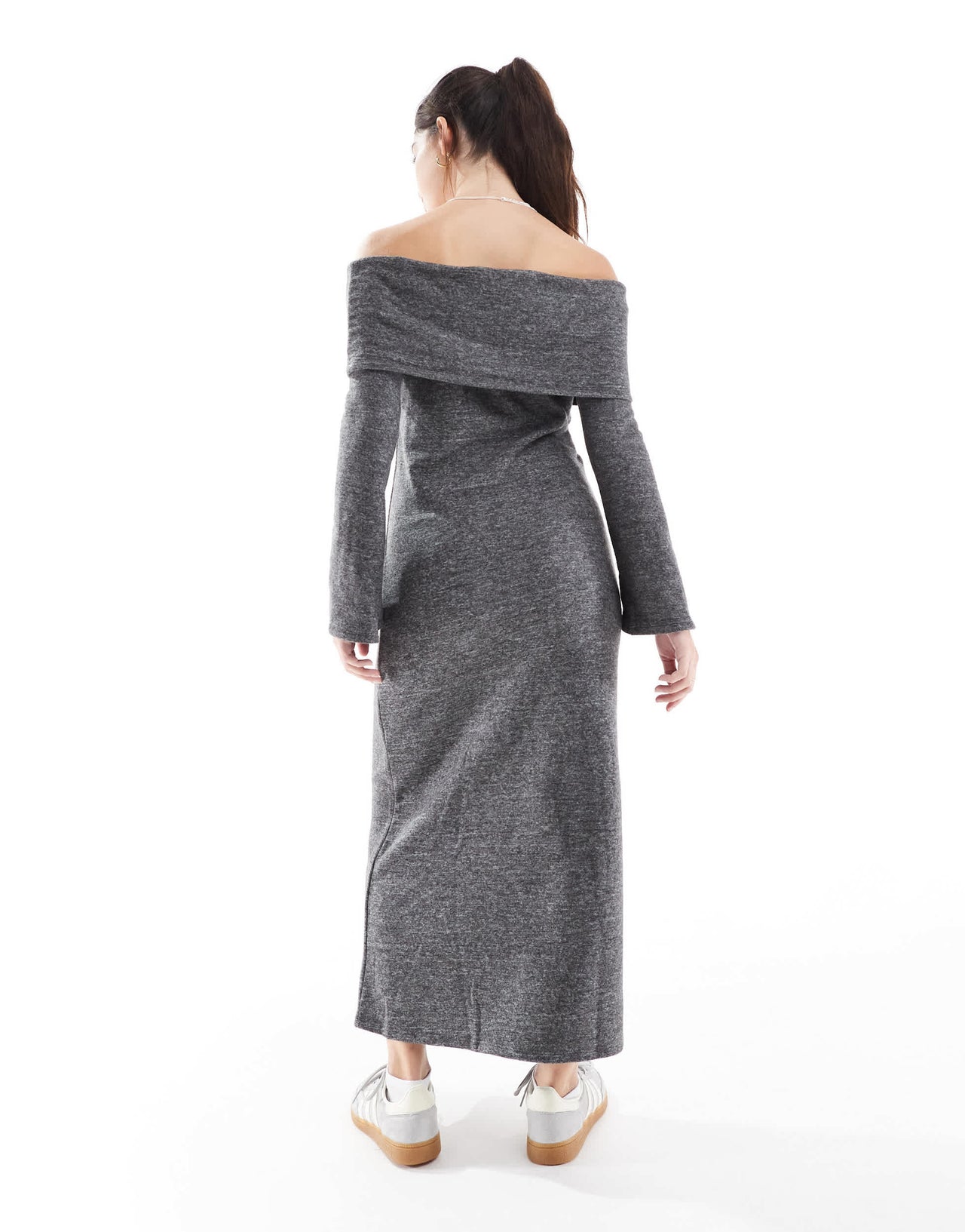 Vero Moda supersoft off shoulder ankle dress in dark grey melange