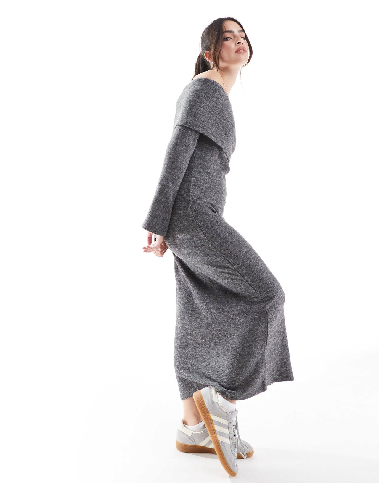 Vero Moda supersoft off shoulder ankle dress in dark grey melange