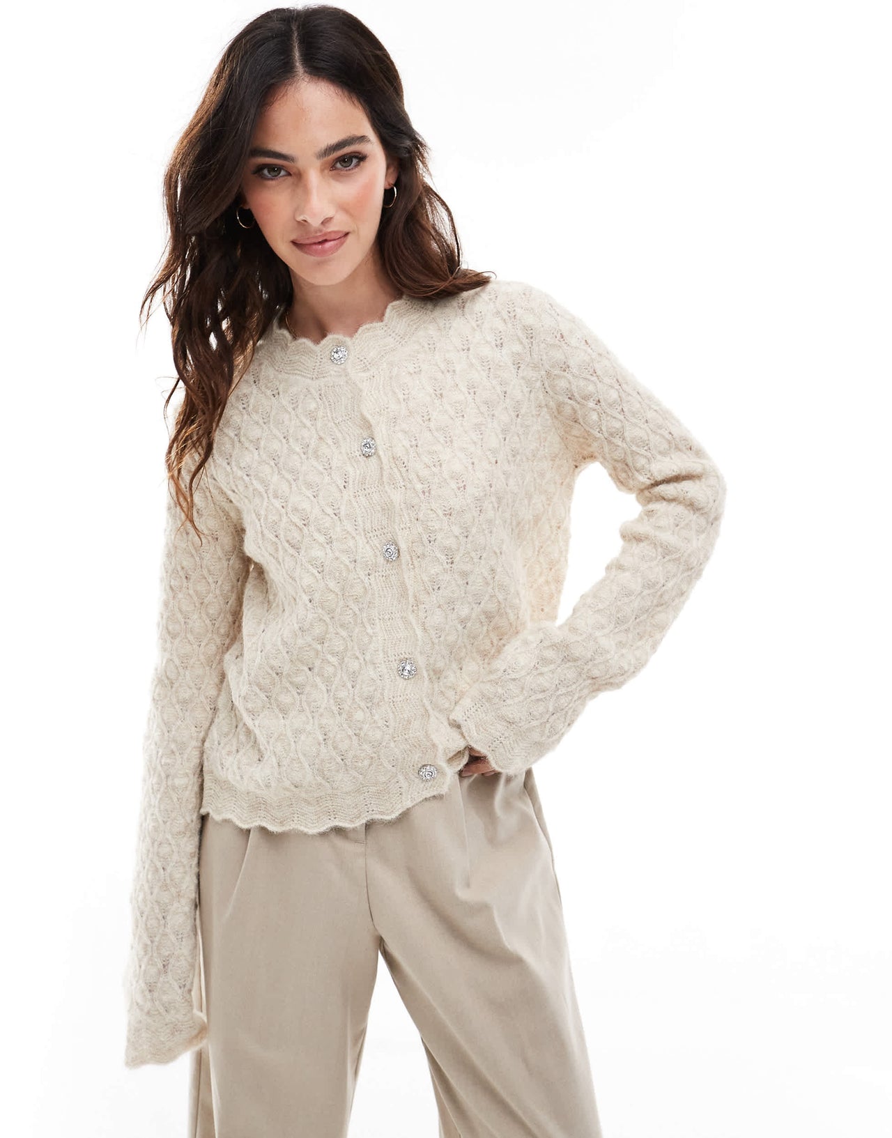 AWARE textured scalloped cardigan in cream