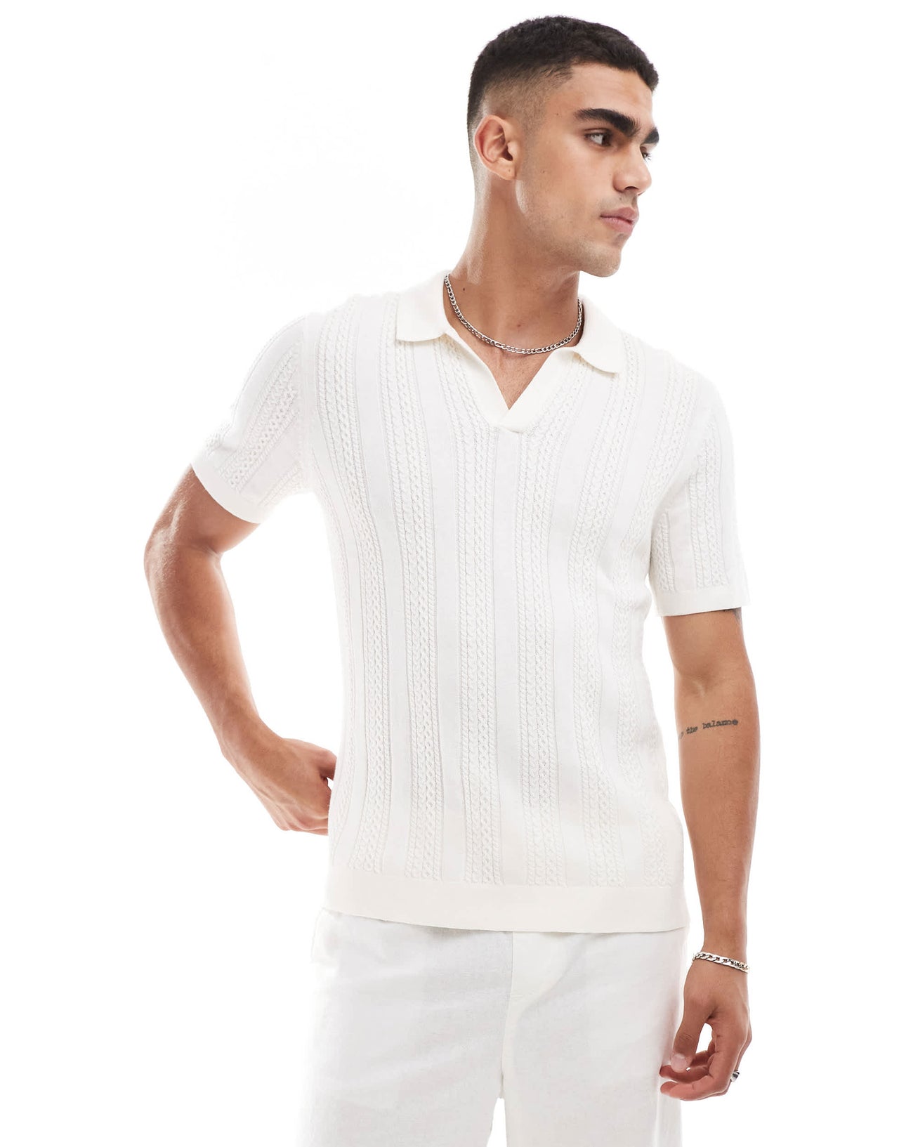Abercrombie & Fitch stitch texture stripe open collar knit polo in cream