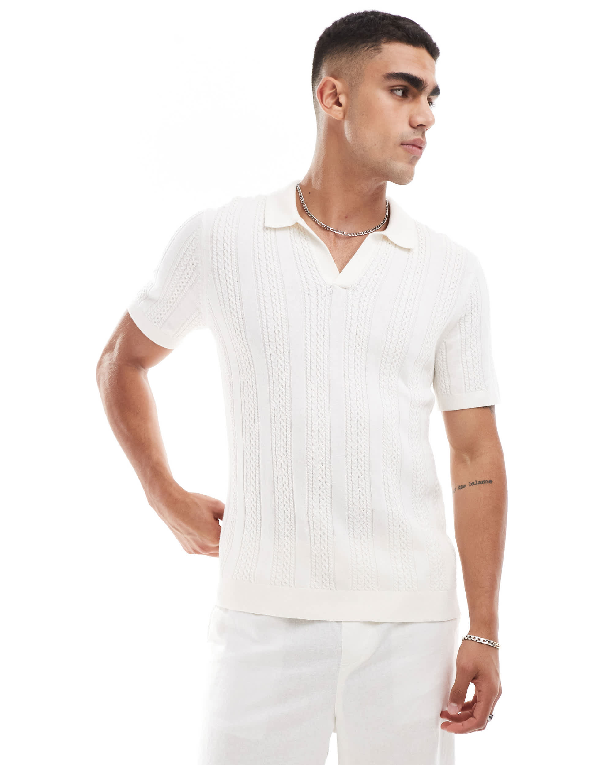 Abercrombie & Fitch stitch texture stripe open collar knit polo in cream
