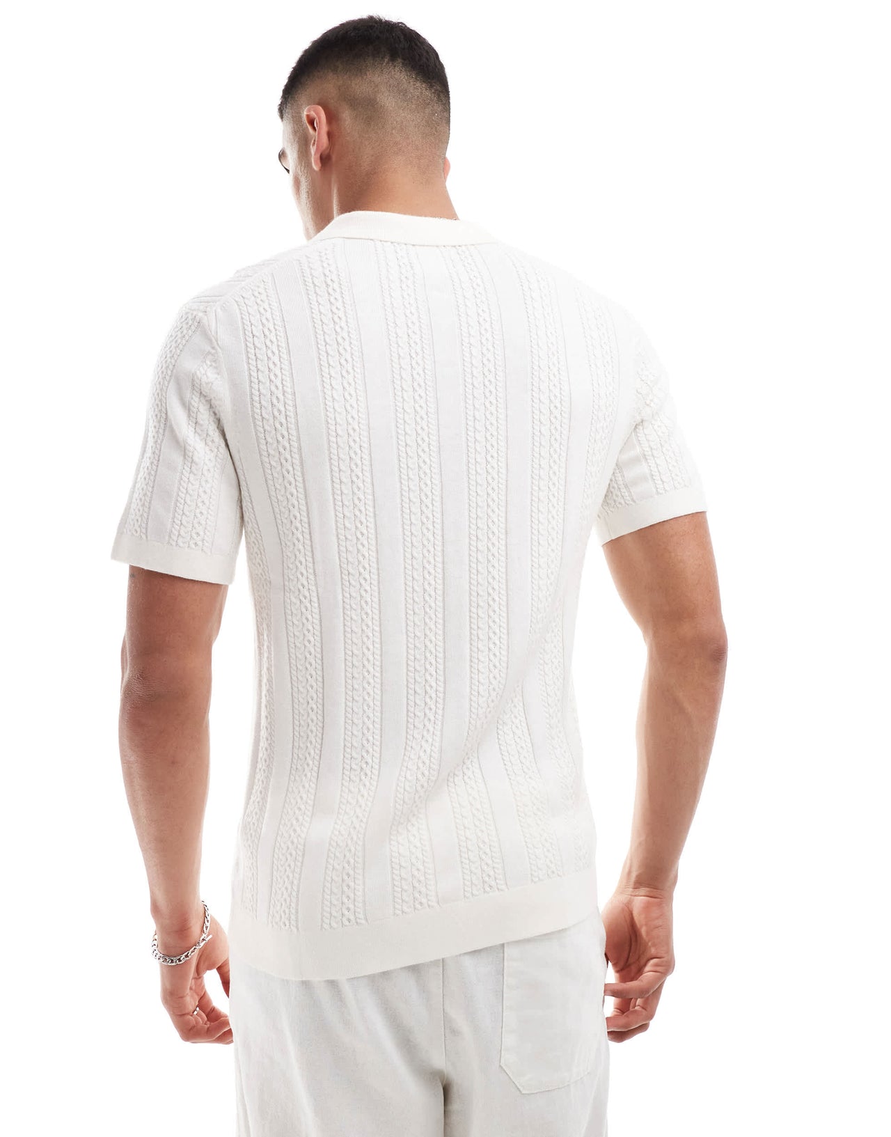 Abercrombie & Fitch stitch texture stripe open collar knit polo in cream