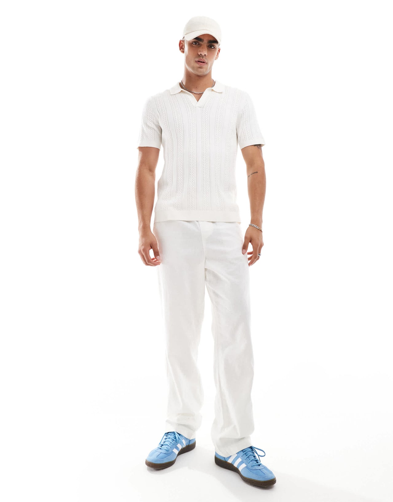 Abercrombie & Fitch stitch texture stripe open collar knit polo in cream